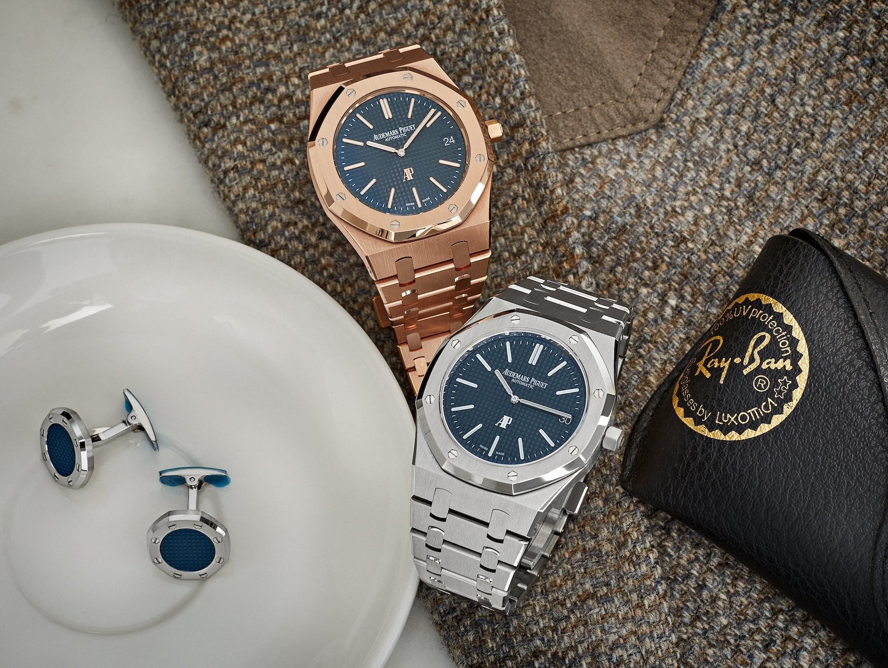 Audemars Royal Oak Oak Jumbo 15202ST and 15202OR Lifestyle Image with Audemars Piguet Cufflinks