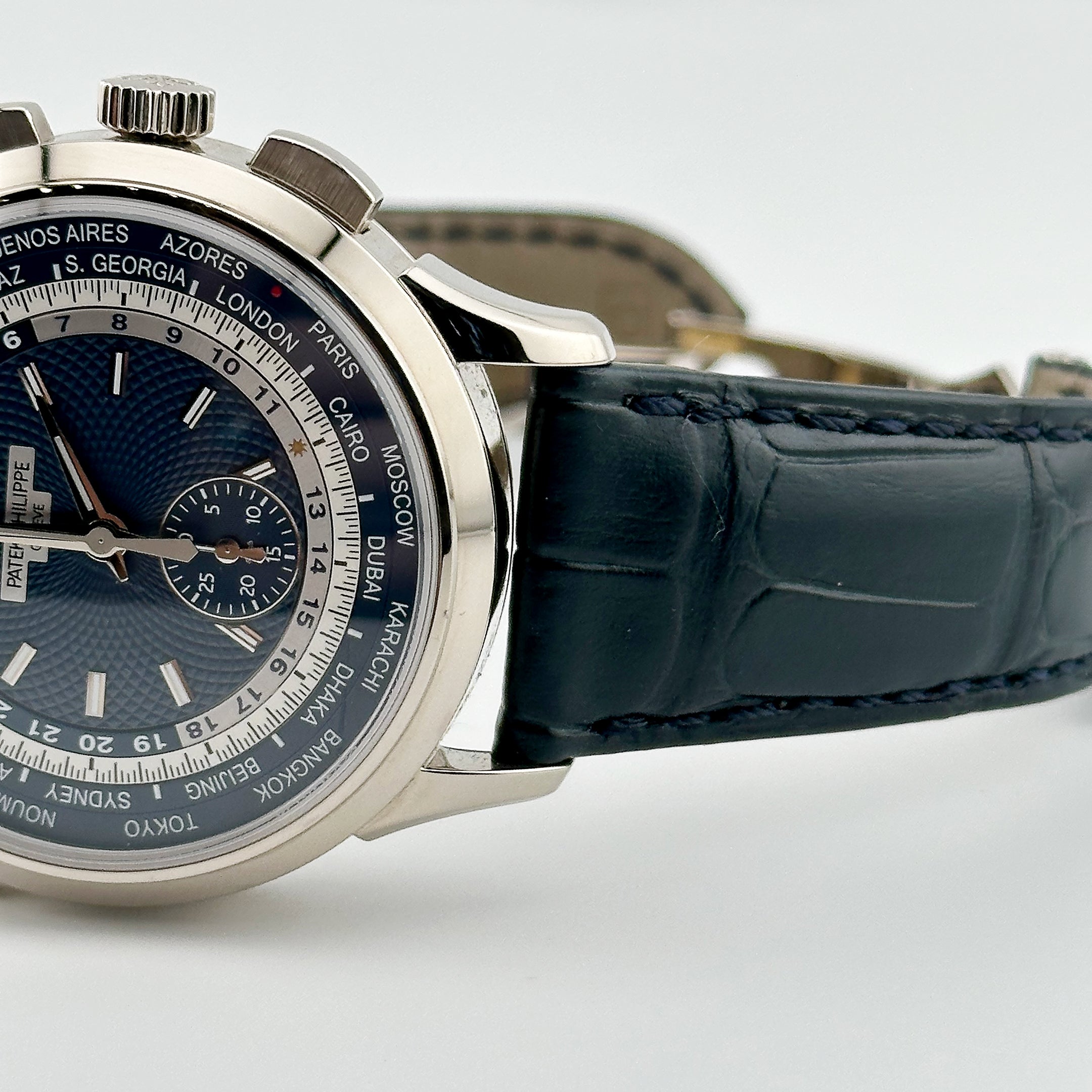 Patek Philippe Complications 5930G-010 World Time Flyback Chronograph White Gold Blue Dial (2022) - Wrist Aficionado