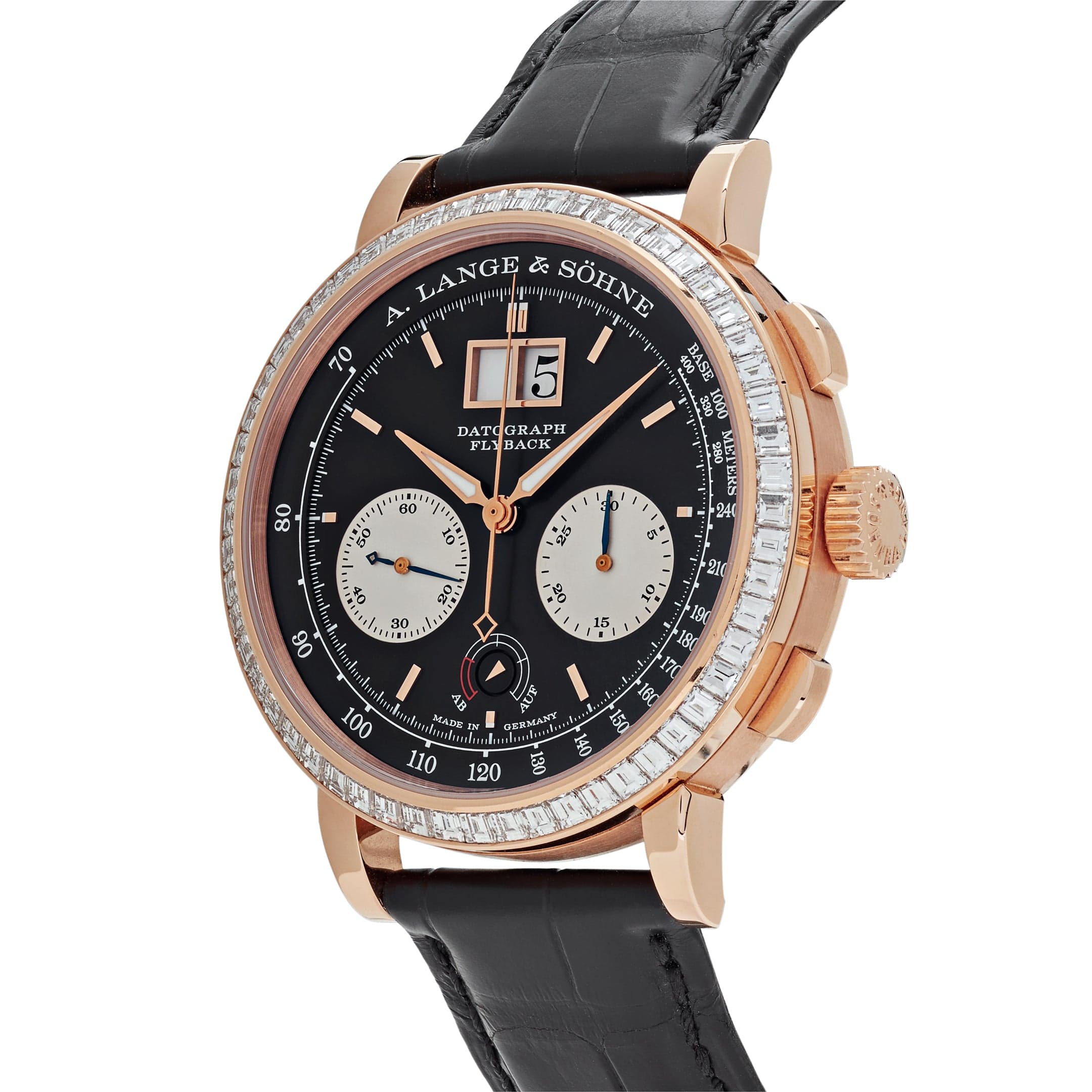 A. Lange & Söhne Datograph Flyback Rose Gold Baguette Bezel Black Dial Limited Edition 405.831 (Draft) Wrist Aficionado