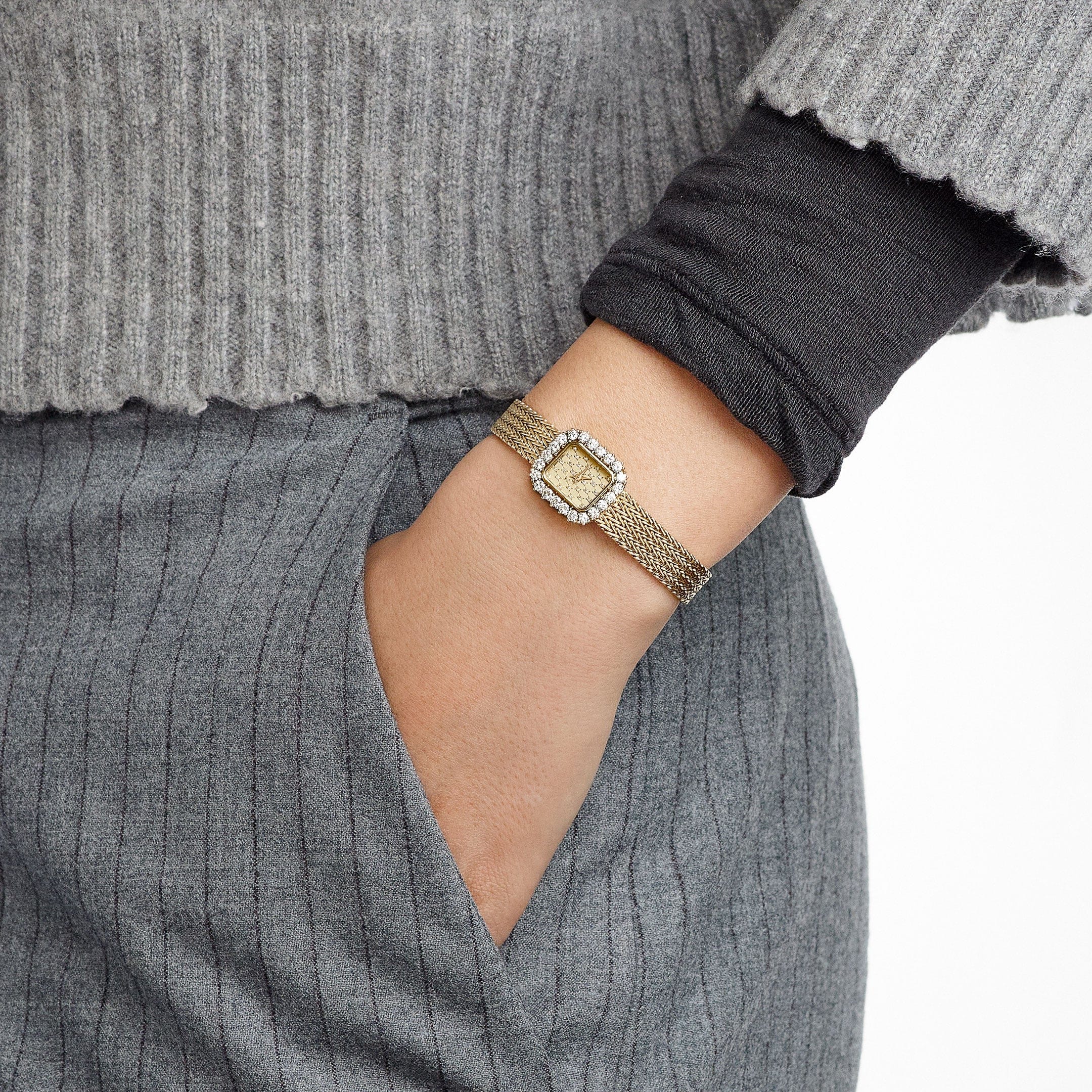 Audemars Piguet 'Ladies' Rectangle Watch Yellow Gold Champagne Diamond Dial Diamond Bezel