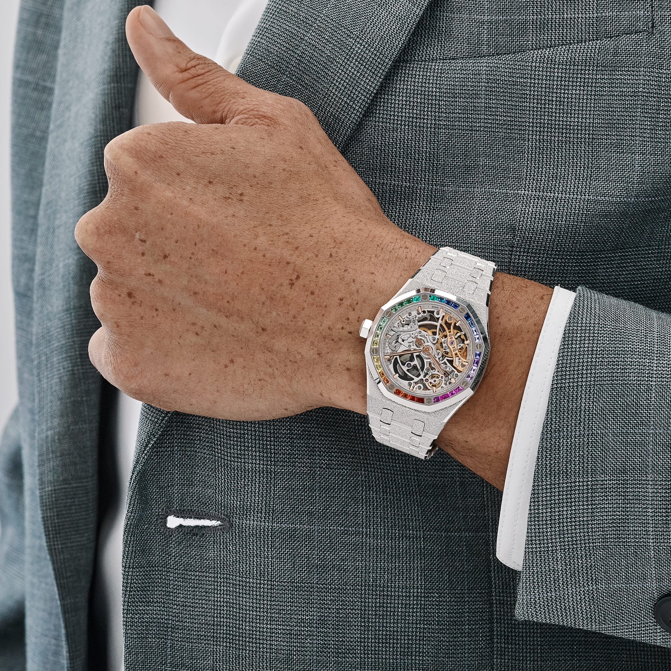 Audemars Piguet Royal Oak 15468BC.YG.1259BC.01-B Double Balance Wheel Frosted White Gold Rainbow Sapphires Bezel Openworked Dial
