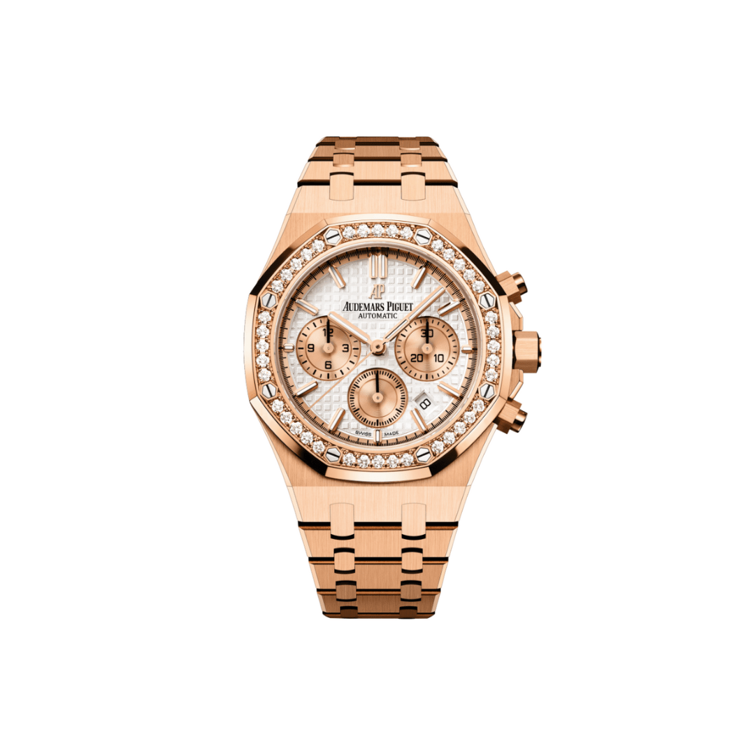 Luxury Watch Audemars Piguet Royal Oak Chronograph Rose Gold Silver Dial Diamond Bezel 26315OR.ZZ.1256OR.01 Wrist Aficionado