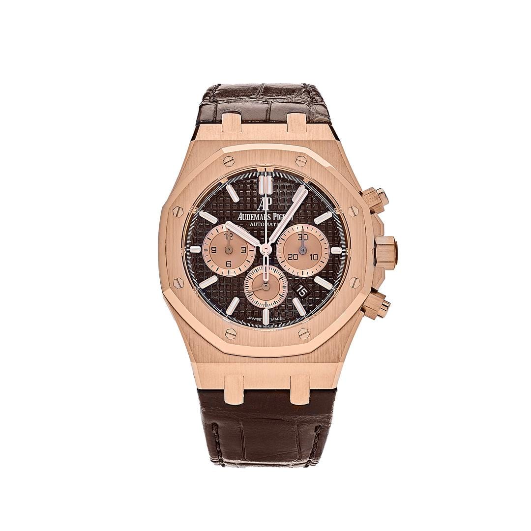Luxury Watch Audemars Piguet Royal Oak Selfwinding Chronograph Rose Gold Brown Leather Strap 26331OR.OO.D821CR.01 Wrist Aficionado