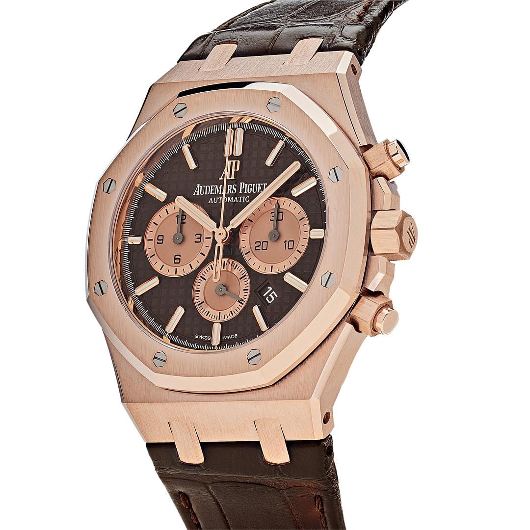Luxury Watch Audemars Piguet Royal Oak Selfwinding Chronograph Rose Gold Brown Leather Strap 26331OR.OO.D821CR.01 Wrist Aficionado