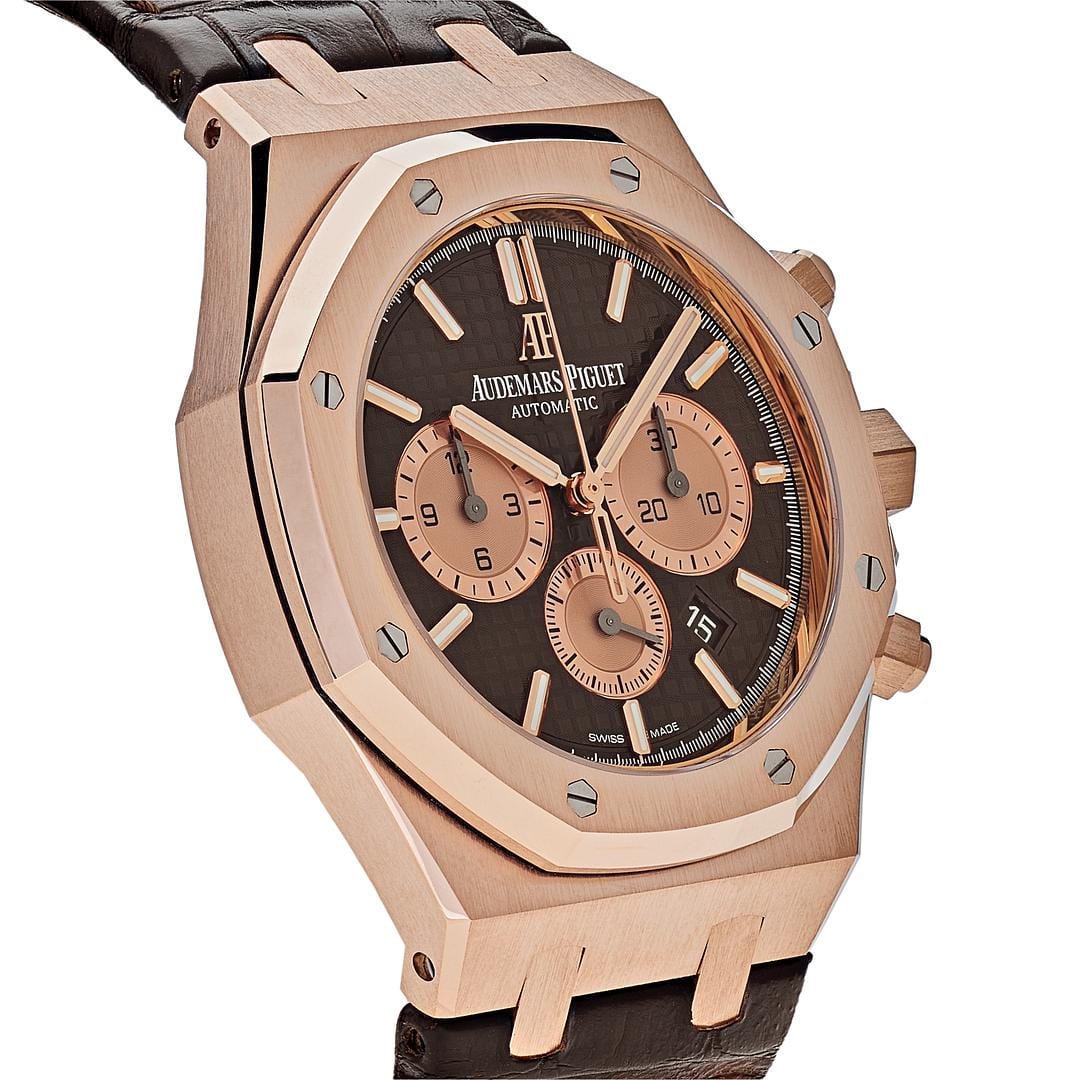 Luxury Watch Audemars Piguet Royal Oak Selfwinding Chronograph Rose Gold Brown Leather Strap 26331OR.OO.D821CR.01 Wrist Aficionado