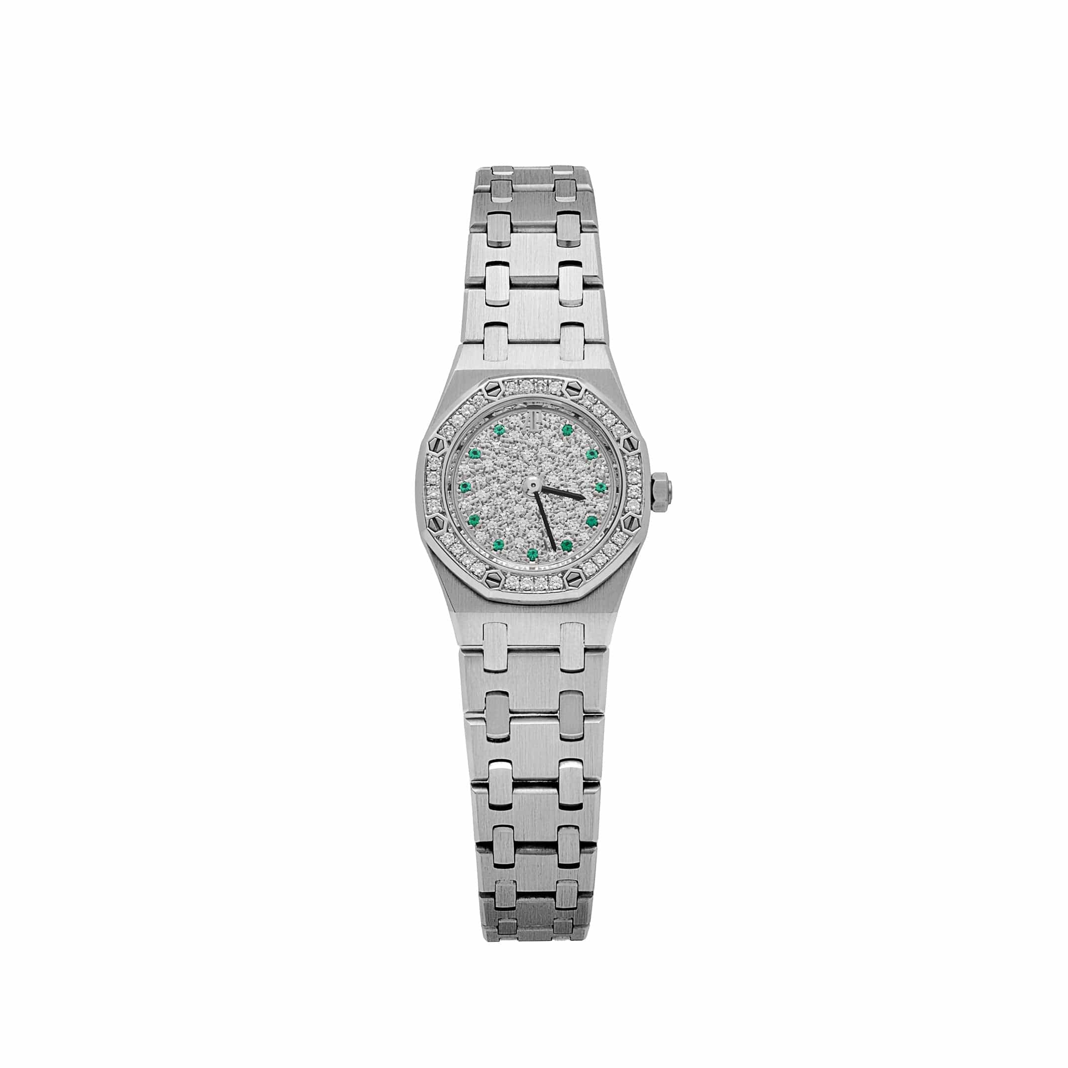 Audemars Piguet Royal Oak 67076BC.Z.1100BC.01 'Ladies' White Gold Diamond Emerald Dial Diamond Bezel Quartz