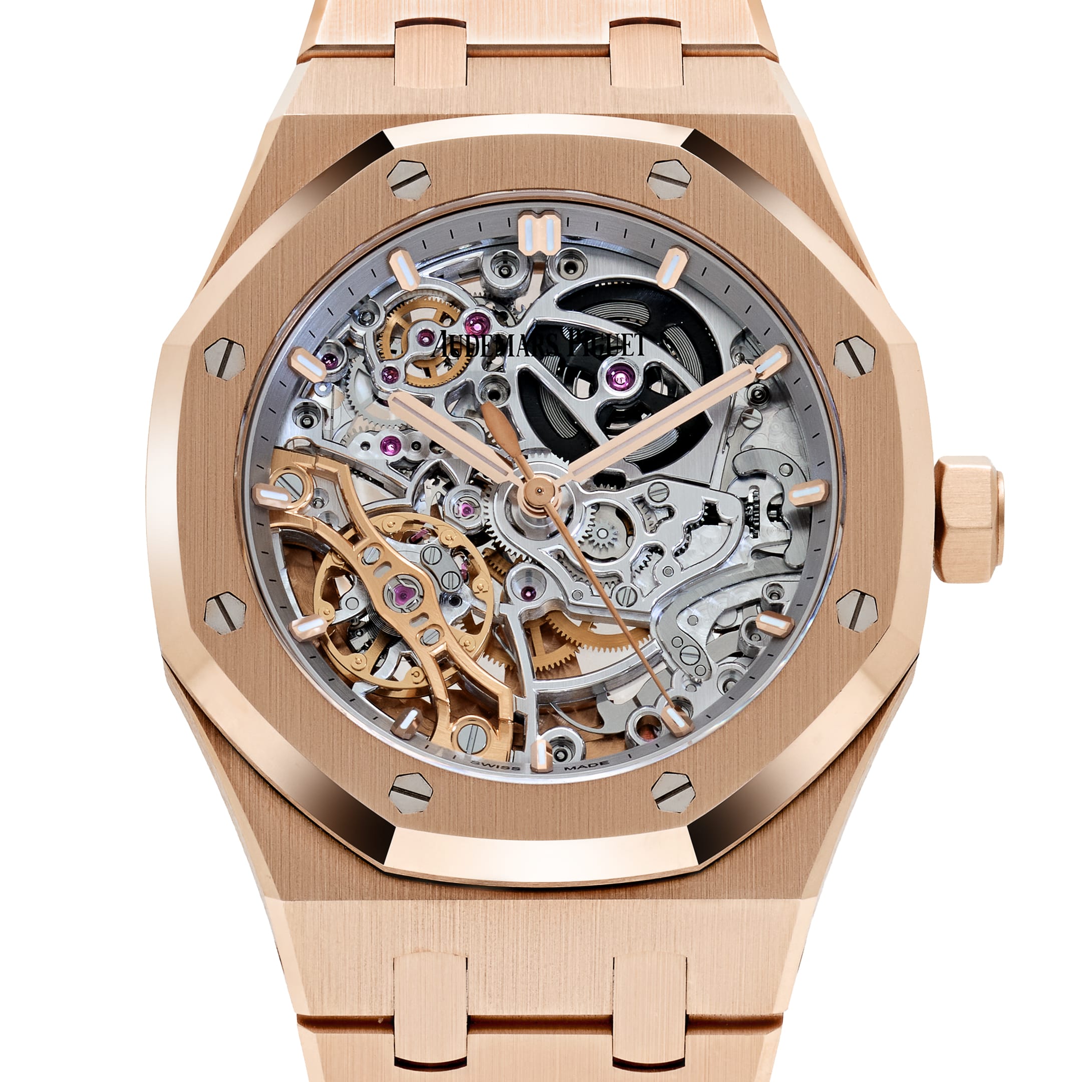 Audemars Piguet Royal Oak Openworked 15467OR.OO.1256OR.02 Double Balance Wheel Rose Gold Purple Inner Bezel