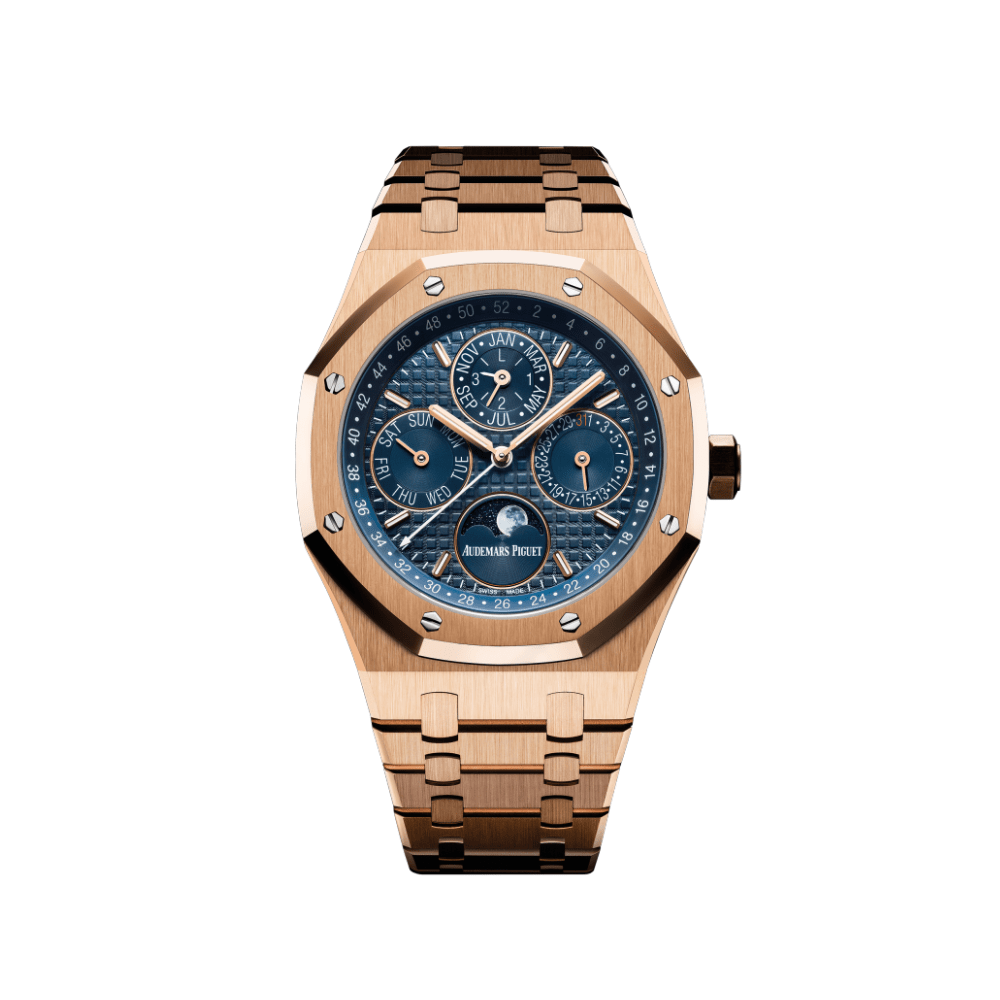 Luxury Watch Audemars Piguet Royal Oak Perpetual Calendar Rose Gold Blue Dial 26574OR.OO.1220OR.02 Wrist Aficionado