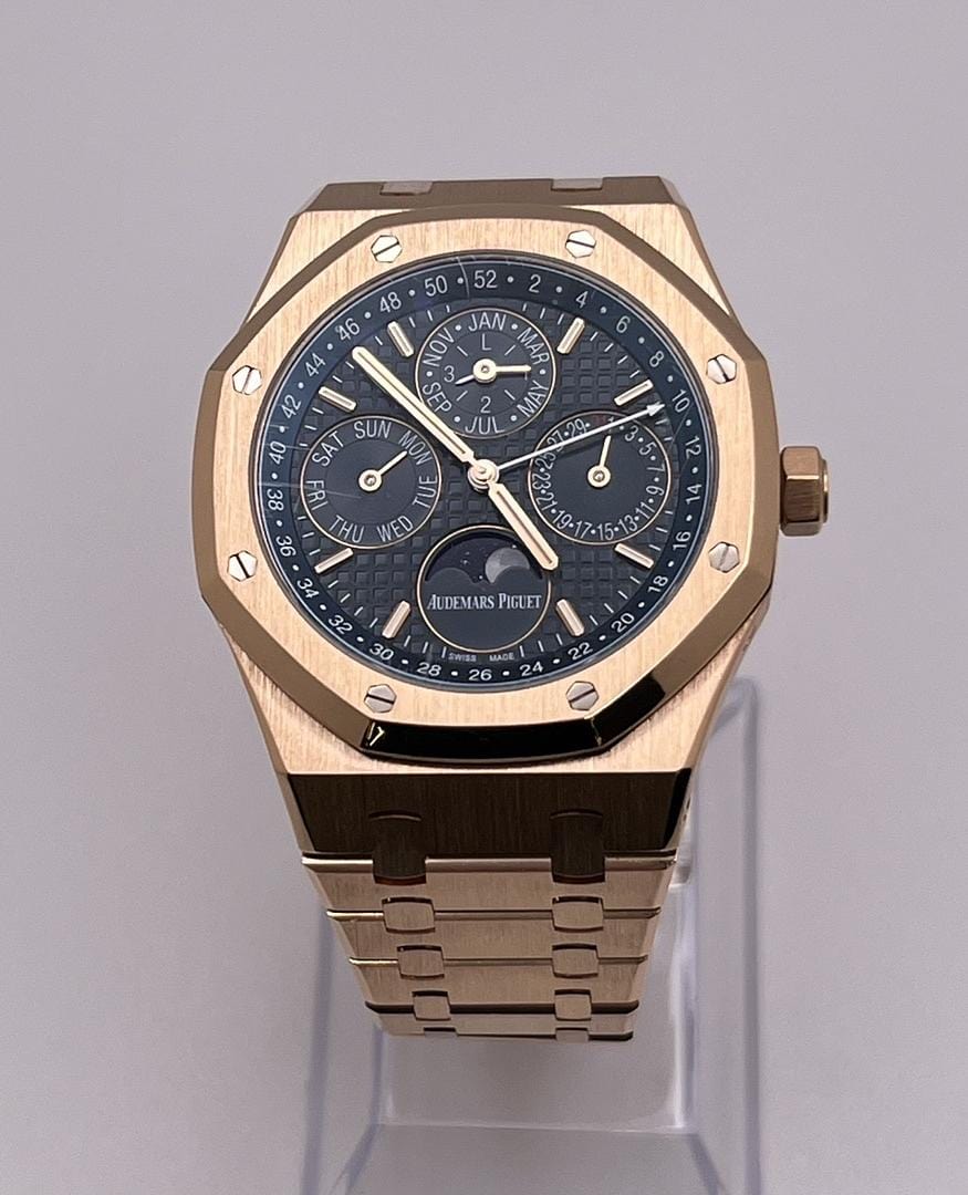 Luxury Watch Audemars Piguet Royal Oak Perpetual Calendar Rose Gold Blue Dial 26574OR.OO.1220OR.02 Wrist Aficionado