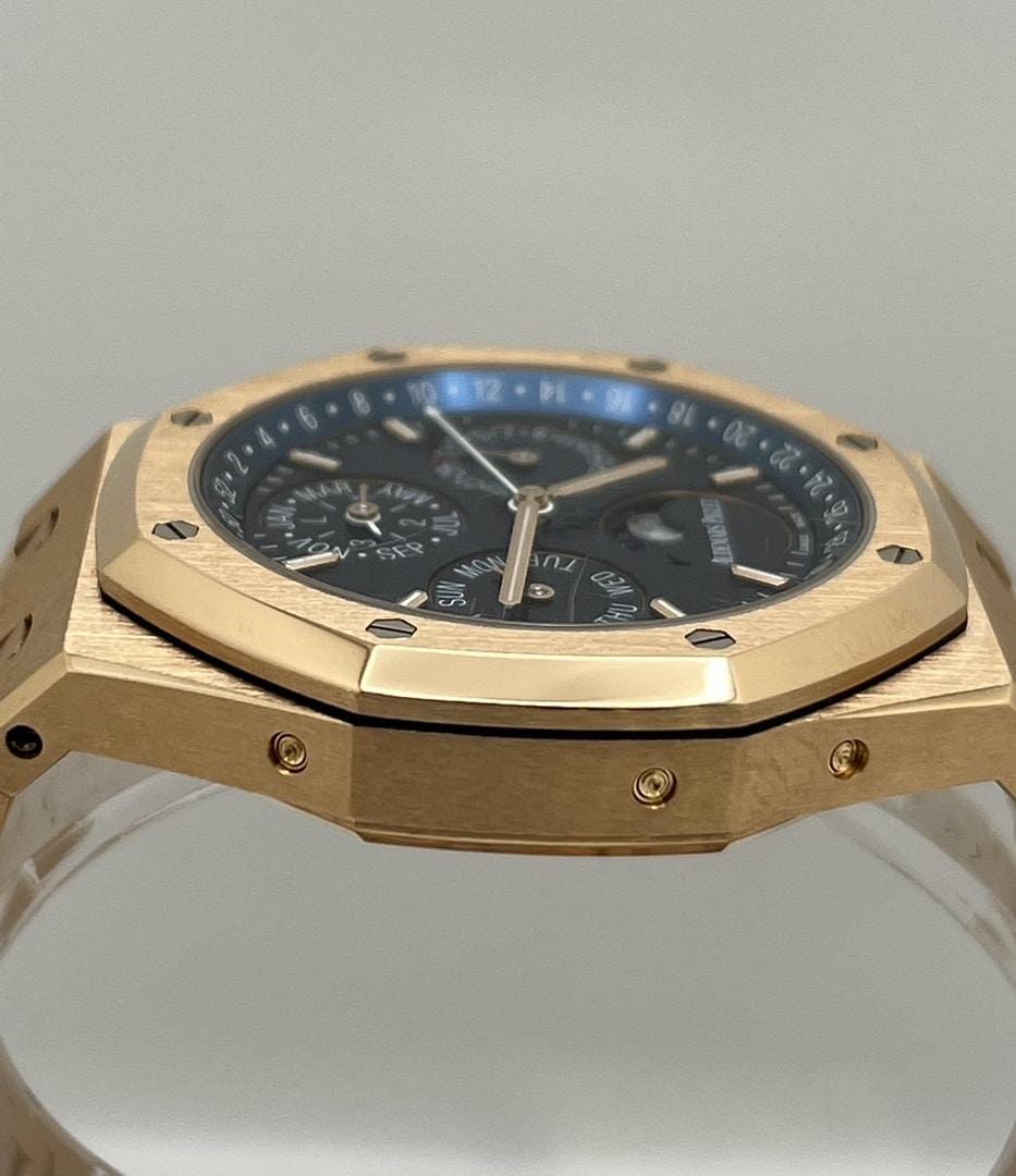 Luxury Watch Audemars Piguet Royal Oak Perpetual Calendar Rose Gold Blue Dial 26574OR.OO.1220OR.02 Wrist Aficionado