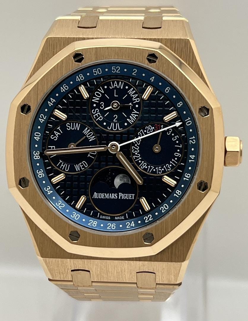 Luxury Watch Audemars Piguet Royal Oak Perpetual Calendar Rose Gold Blue Dial 26574OR.OO.1220OR.02 Wrist Aficionado