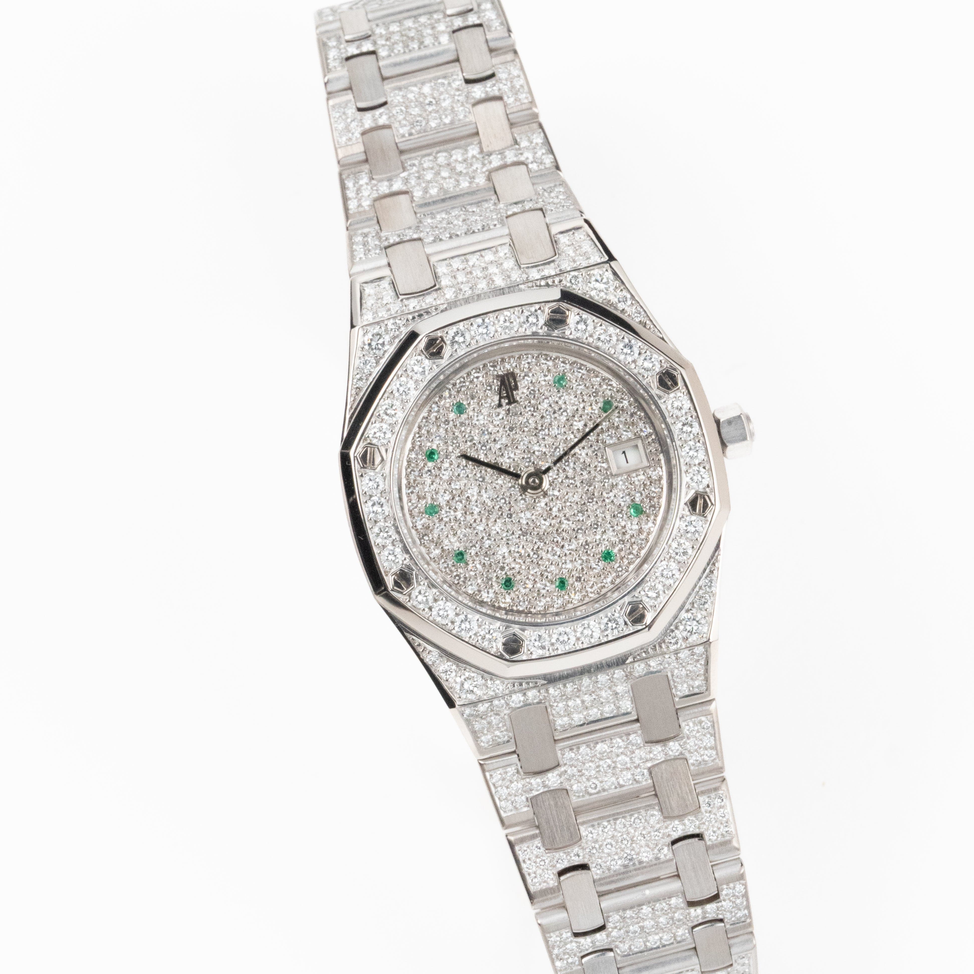 Audemars Piguet Royal Oak Vintage 'Ladies' White Gold Diamond Emerald Set Dial Quartz