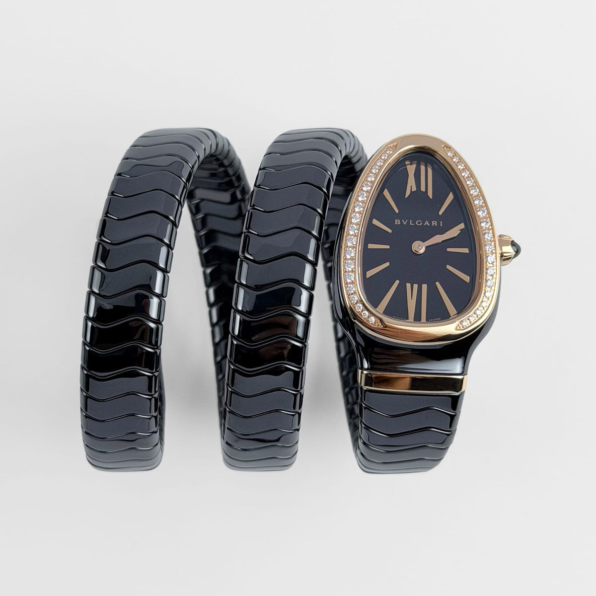 Bvlgari Serpenti Spiga Watch 102885 Black Ceramic and Rose Gold Black Lacquered Polished Dial Diamond Bezel (2026)