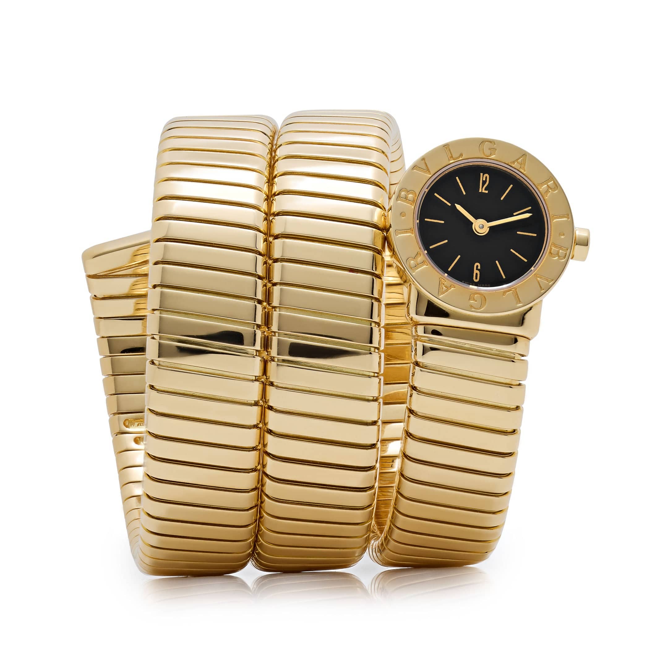 BVLGARI Tubogas BB191T 3 Row Yellow Gold Black Dial Quartz
