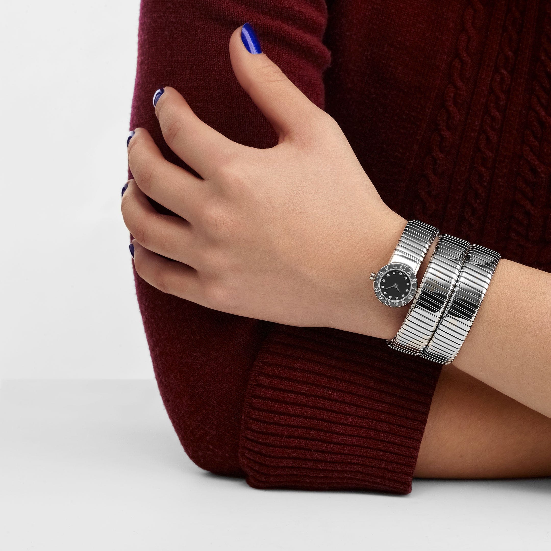 BVLGARI Tubogas BB191TS 3 Row Stainless Steel Diamond Dial Quartz