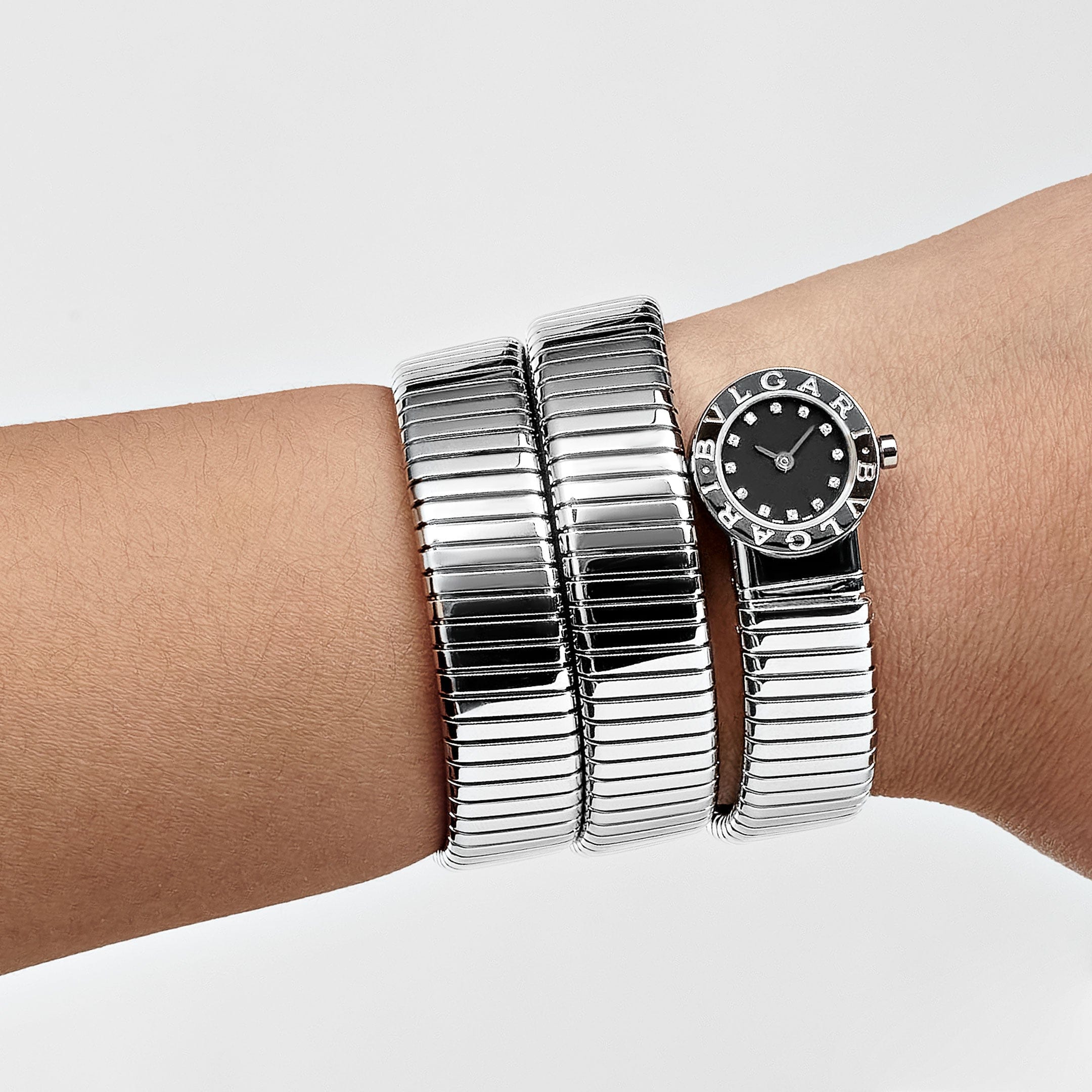 BVLGARI Tubogas BB191TS 3 Row Stainless Steel Diamond Dial Quartz