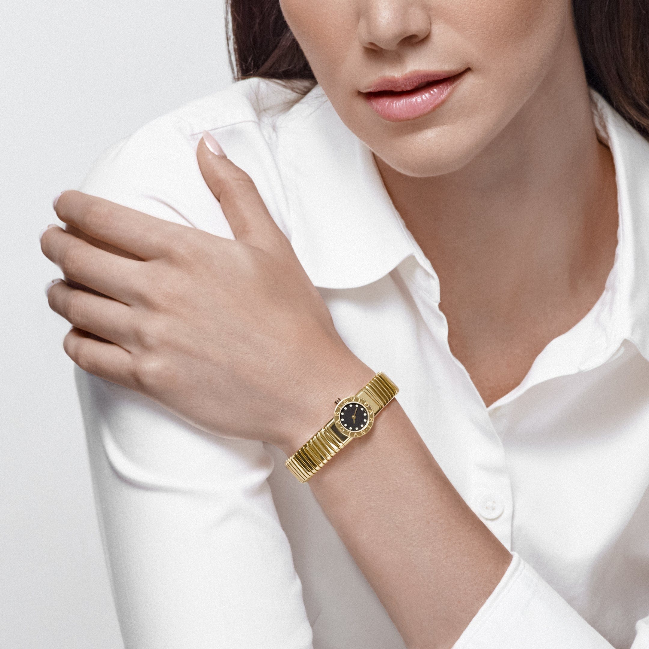 BVLGARI Tubogas BB192TG 1 Row Yellow Gold Black Diamond Dial Quartz