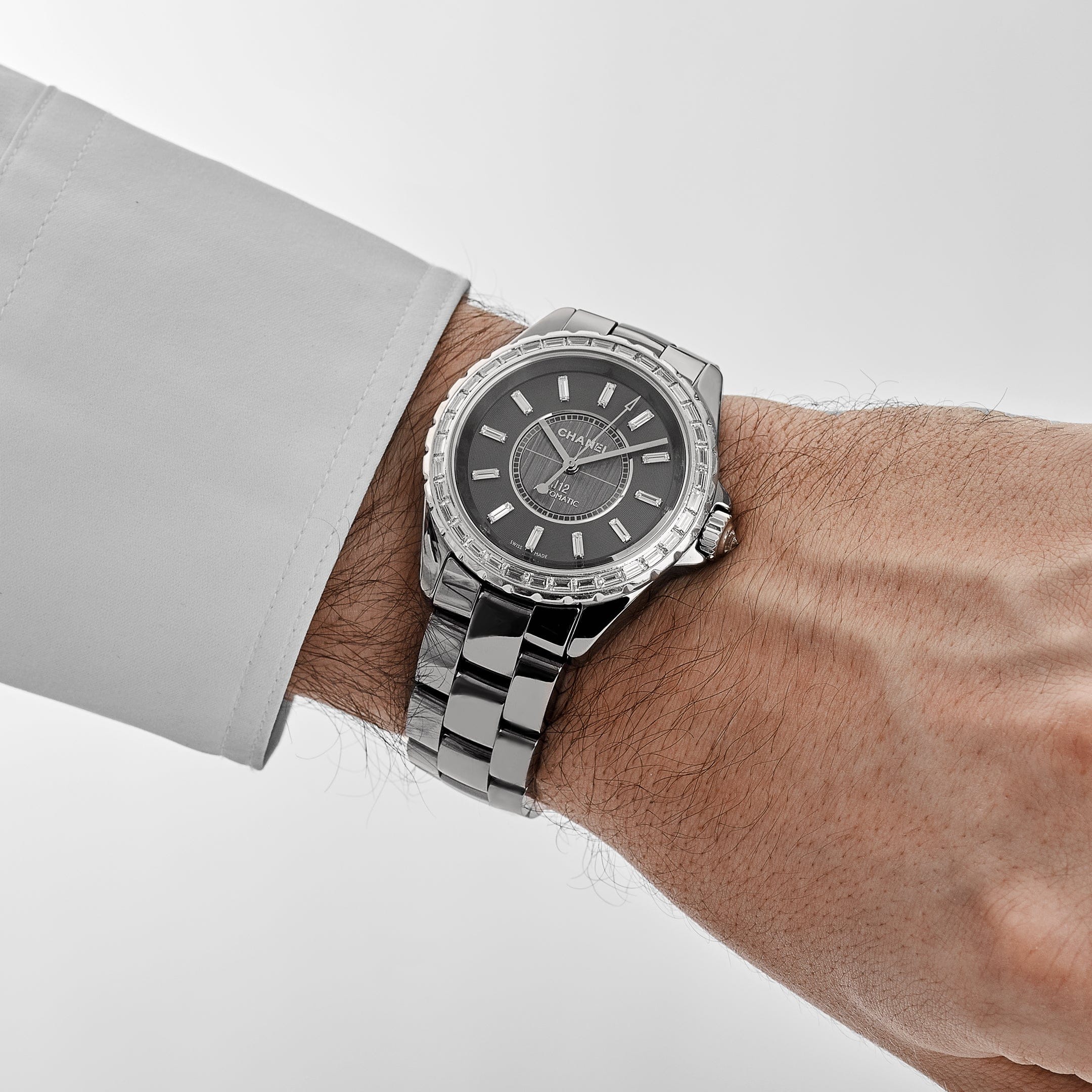 Chanel J12 H3155 Chromatic Ceramic Titanium Grey Baguette Diamond Dial and Bezel