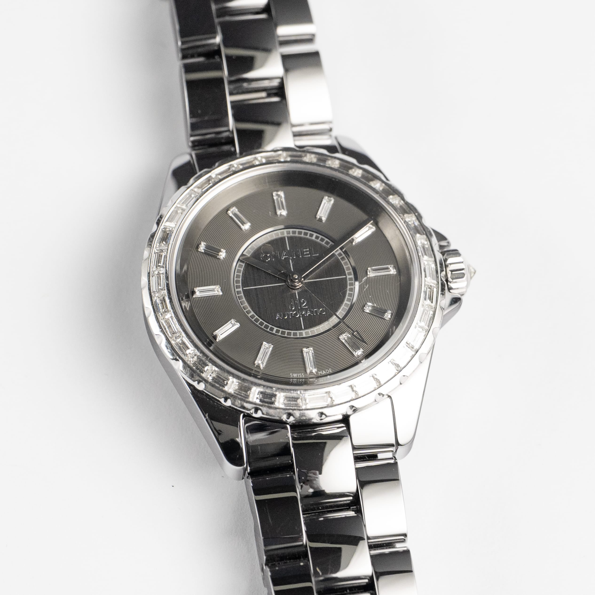Chanel J12 H3155 Chromatic Ceramic Titanium Grey Baguette Diamond Dial and Bezel