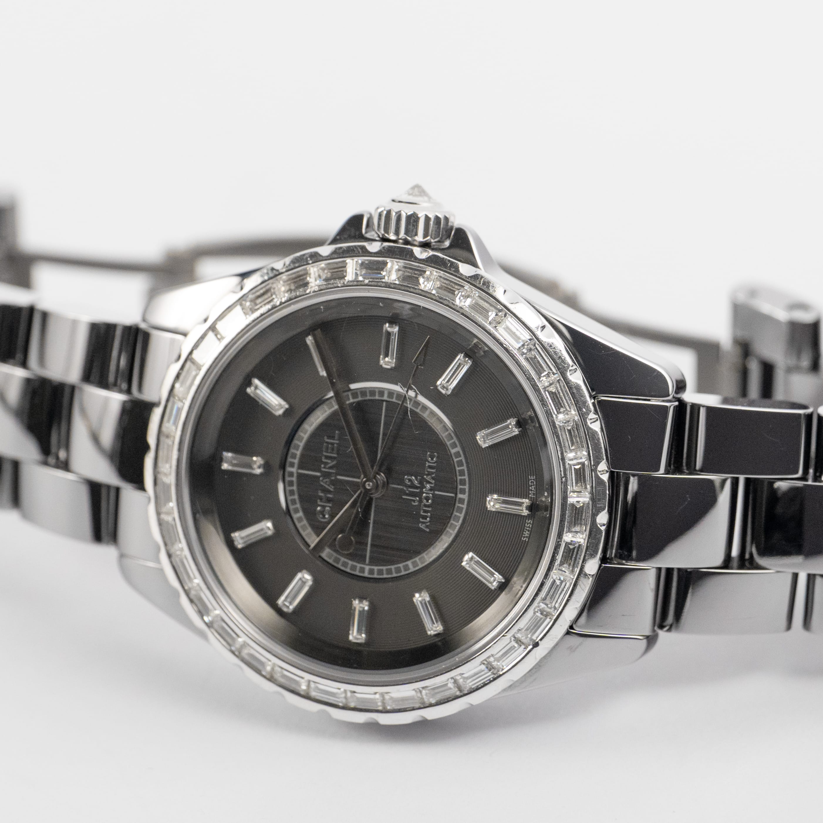 Chanel J12 H3155 Chromatic Ceramic Titanium Grey Baguette Diamond Dial and Bezel