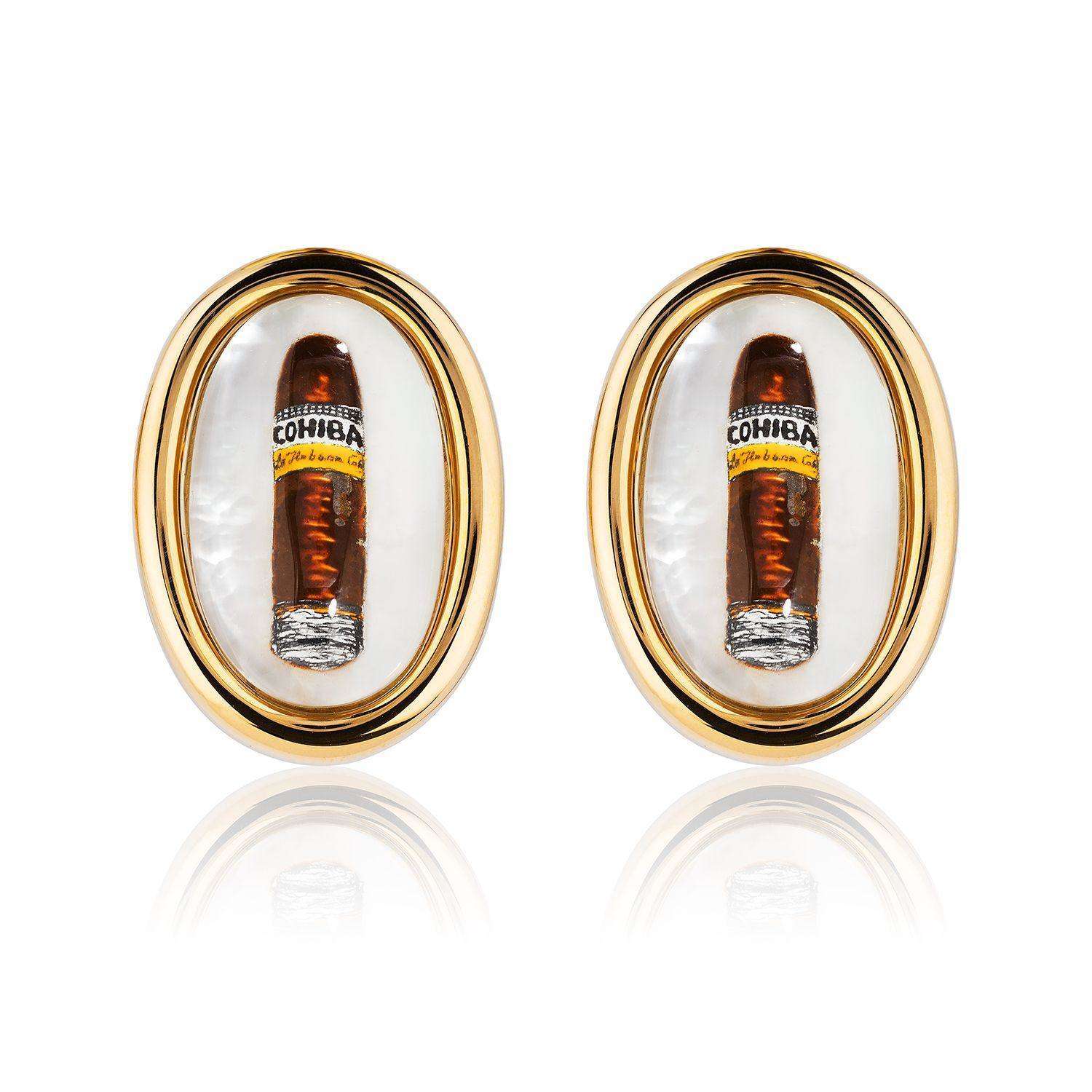 Cufflinks Gold Cufflinks - 18k Yellow Gold - Hand Painted Cigar Cufflinks Wrist Aficionado