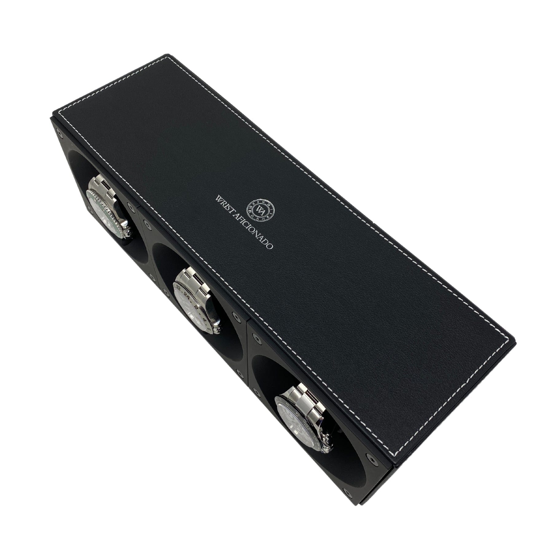 Watch Winder Masterbox Triple Black leather with white stitches Watch Winder (3 Watches) Wrist Aficionado