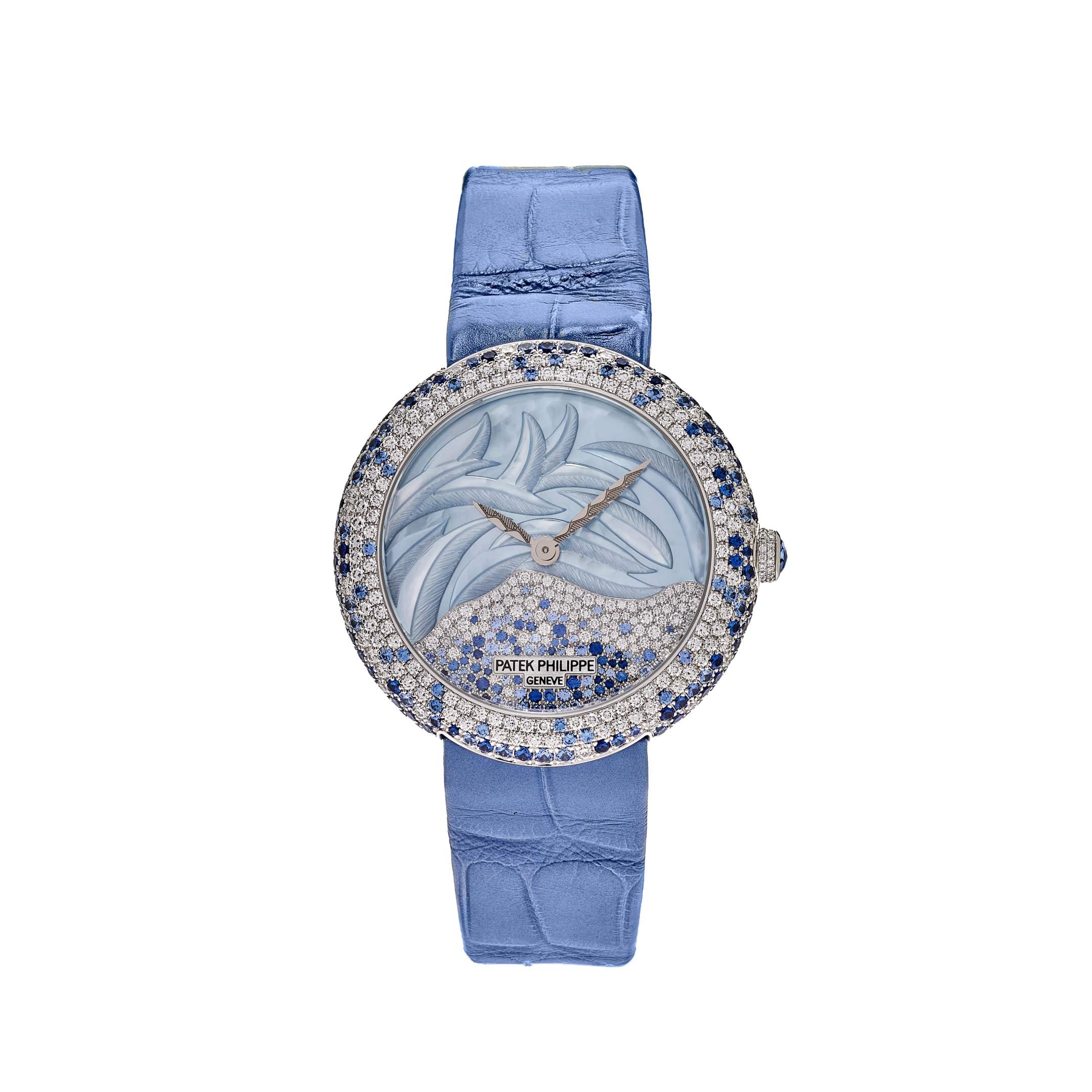 Luxury Watch Patek Philippe Calatrava White Gold Mother of Pearl Diamonds and Blue Sapphires 4899/901G-001 Wrist Aficionado