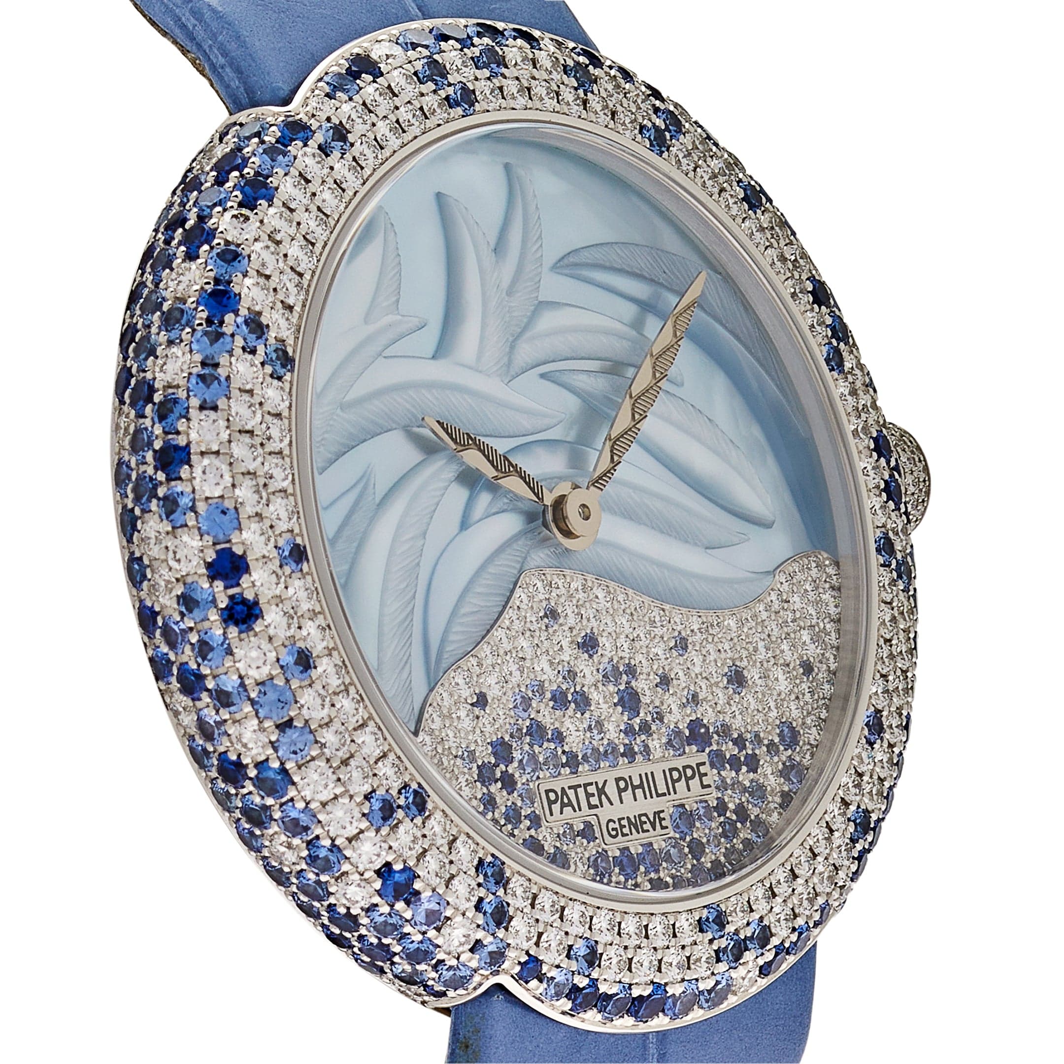 Luxury Watch Patek Philippe Calatrava White Gold Mother of Pearl Diamonds and Blue Sapphires 4899/901G-001 Wrist Aficionado