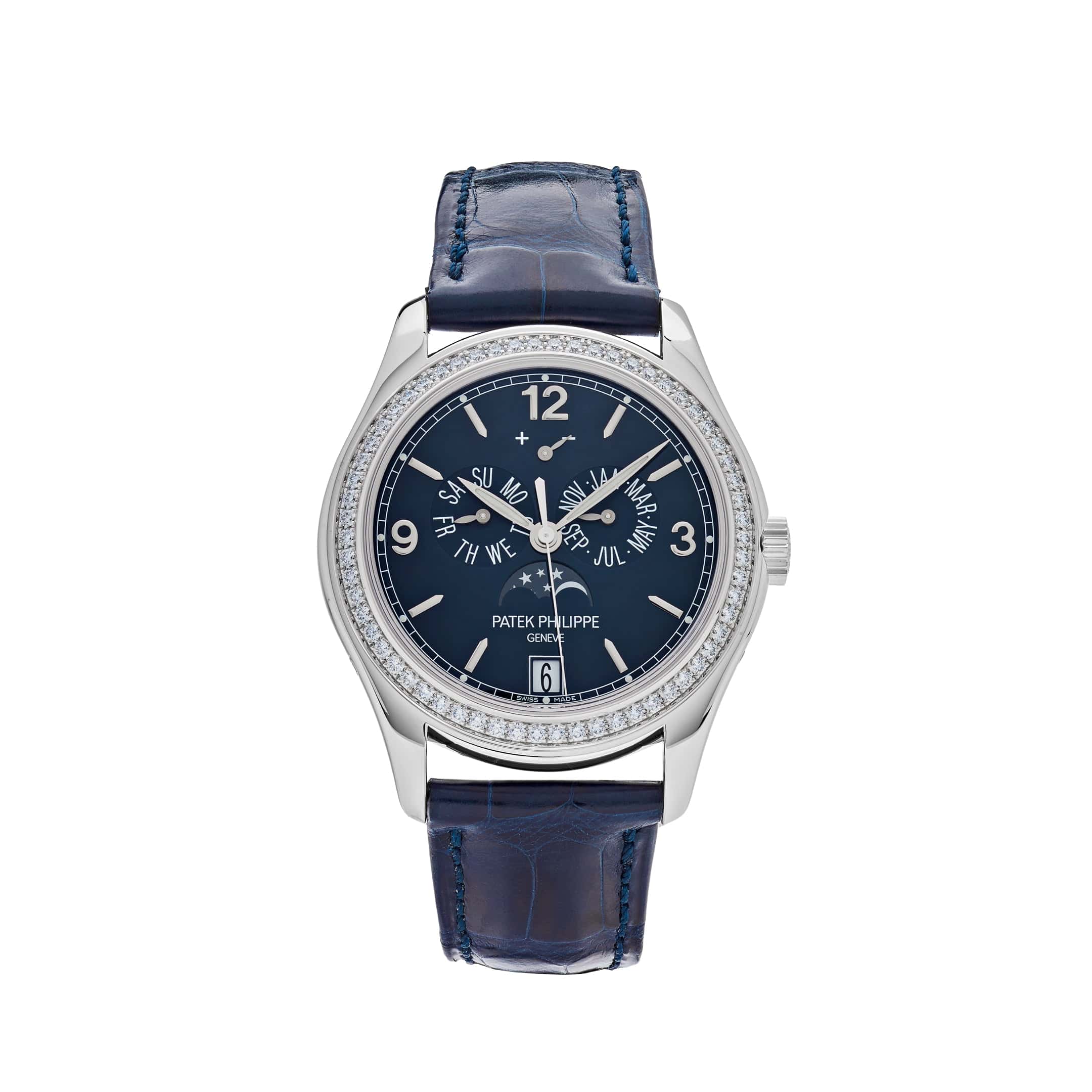 Patek Philippe Complications Diamond Moon Phase White Gold Blue Dial 5147G-001 Wrist Aficionado