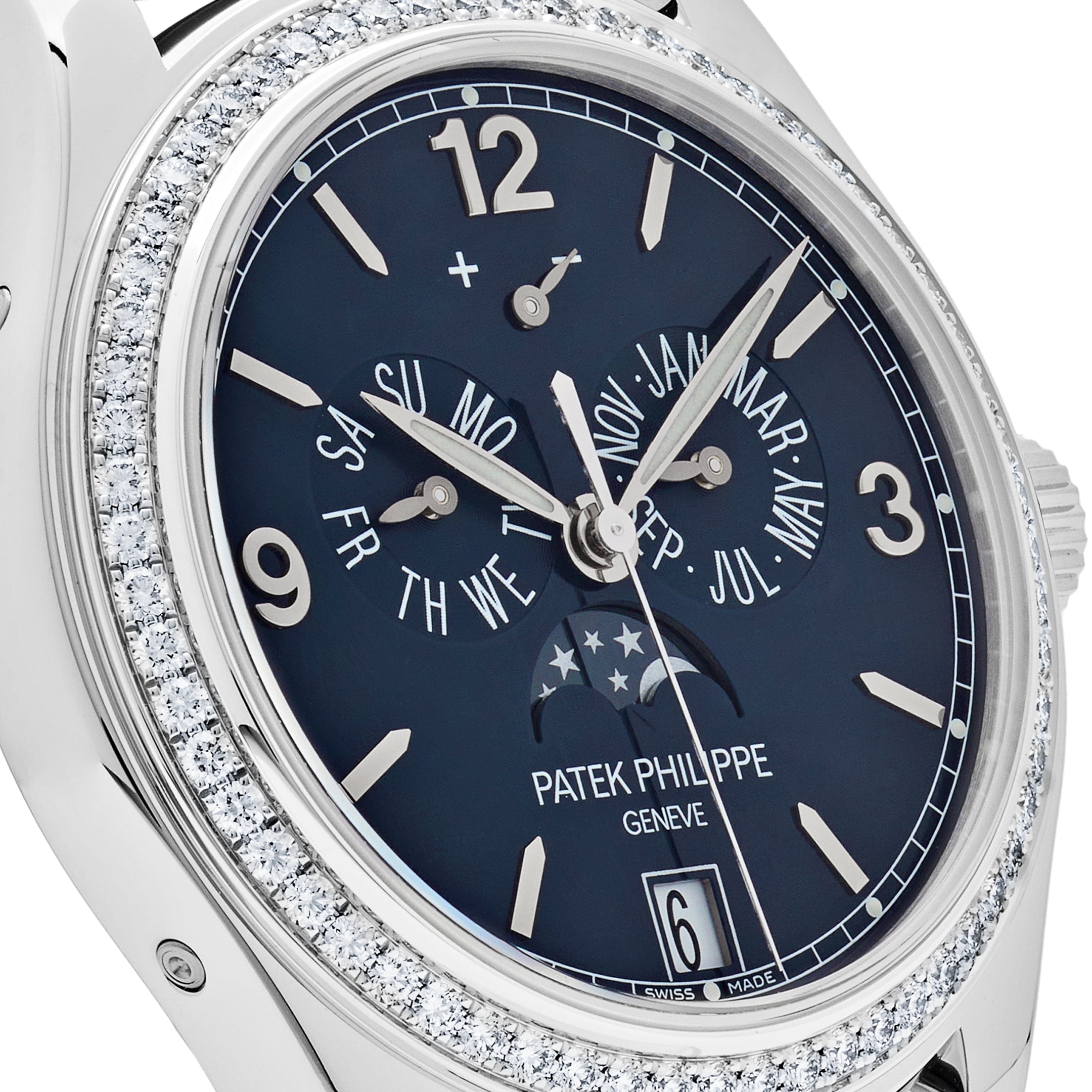 Patek Philippe Complications Diamond Moon Phase White Gold Blue Dial 5147G-001 Wrist Aficionado