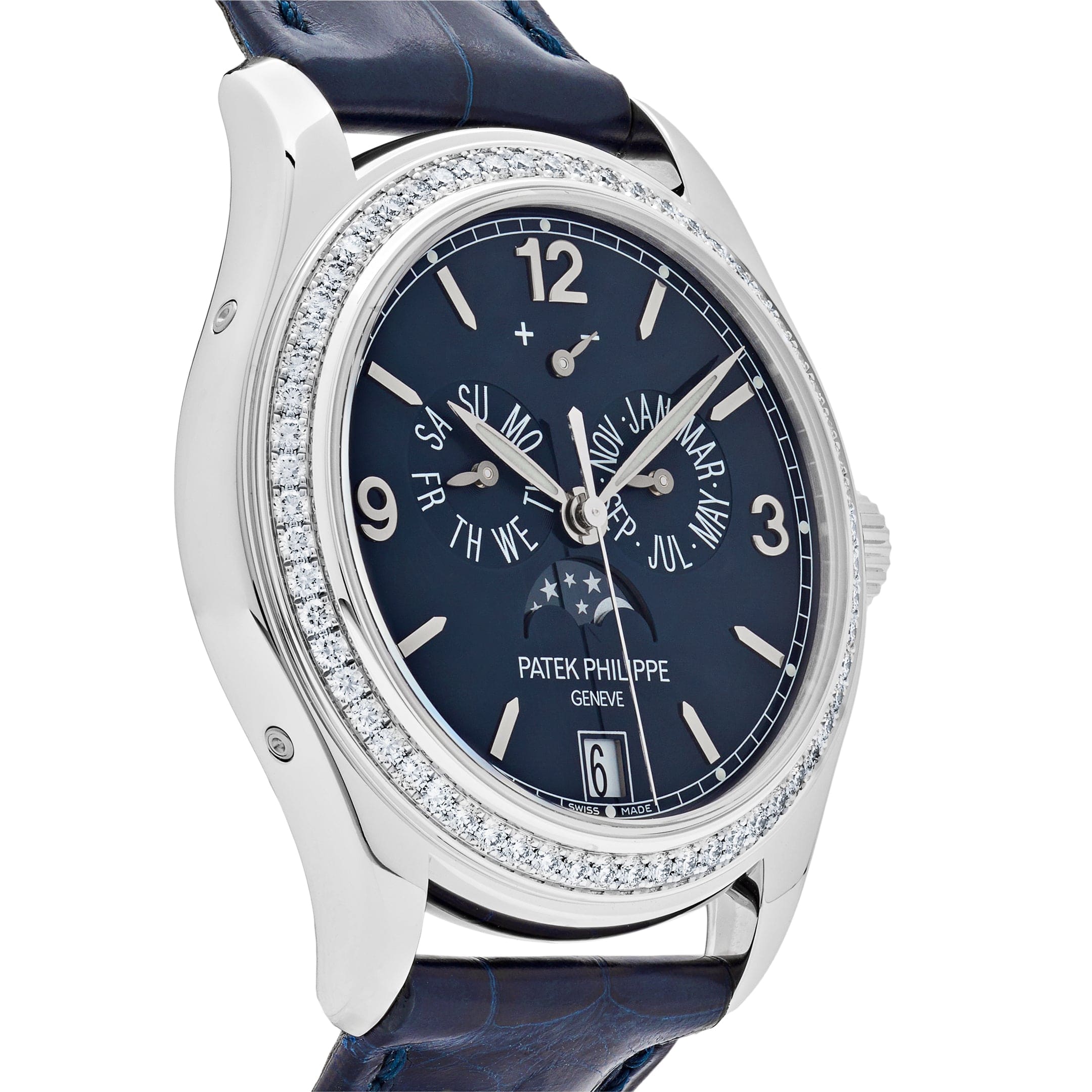 Patek Philippe Complications Diamond Moon Phase White Gold Blue Dial 5147G-001 Wrist Aficionado