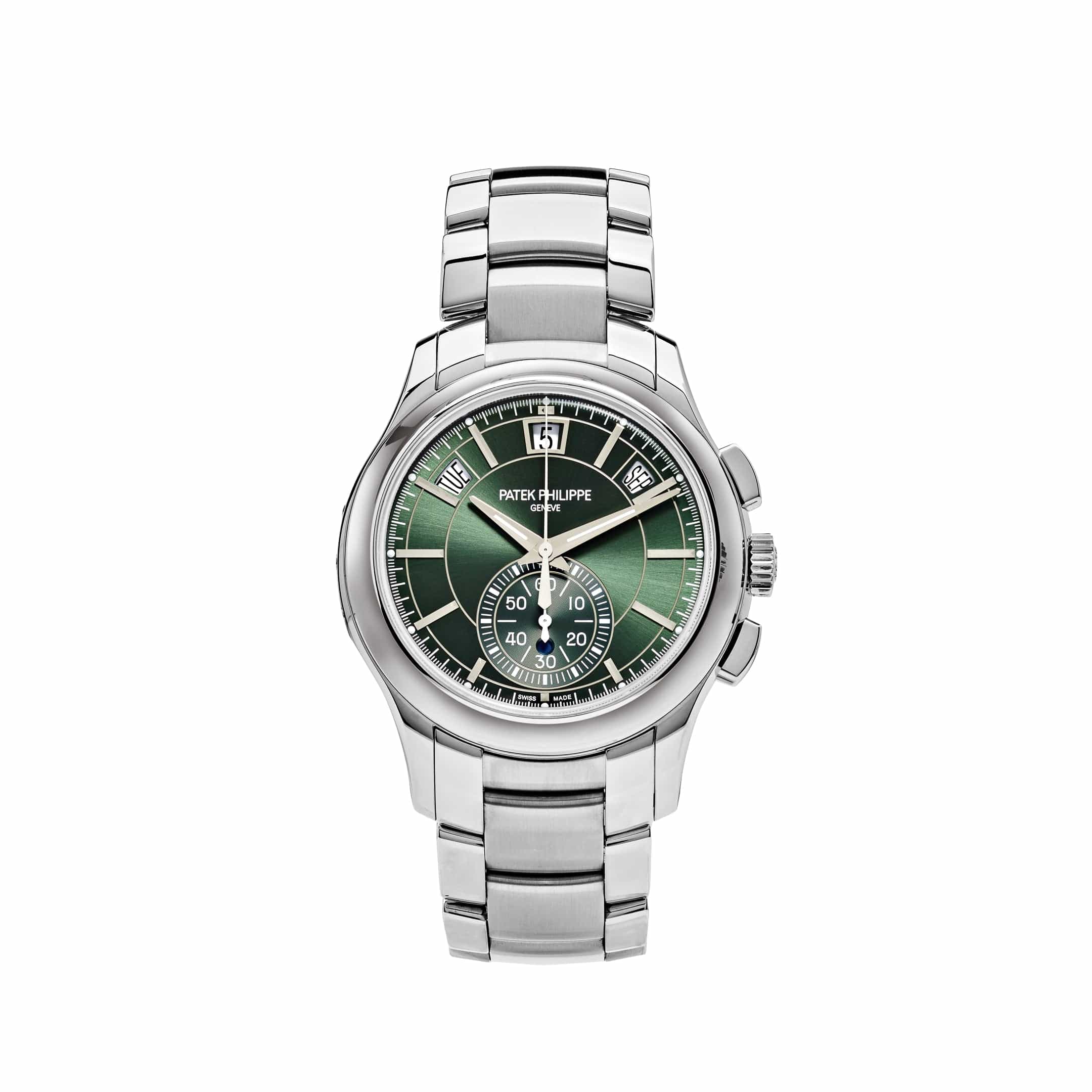Luxury Watch Patek Philippe Flyback Chronograph Annual Calendar Steel Olive Green Dial 5905/1A-001 Wrist Aficionado
