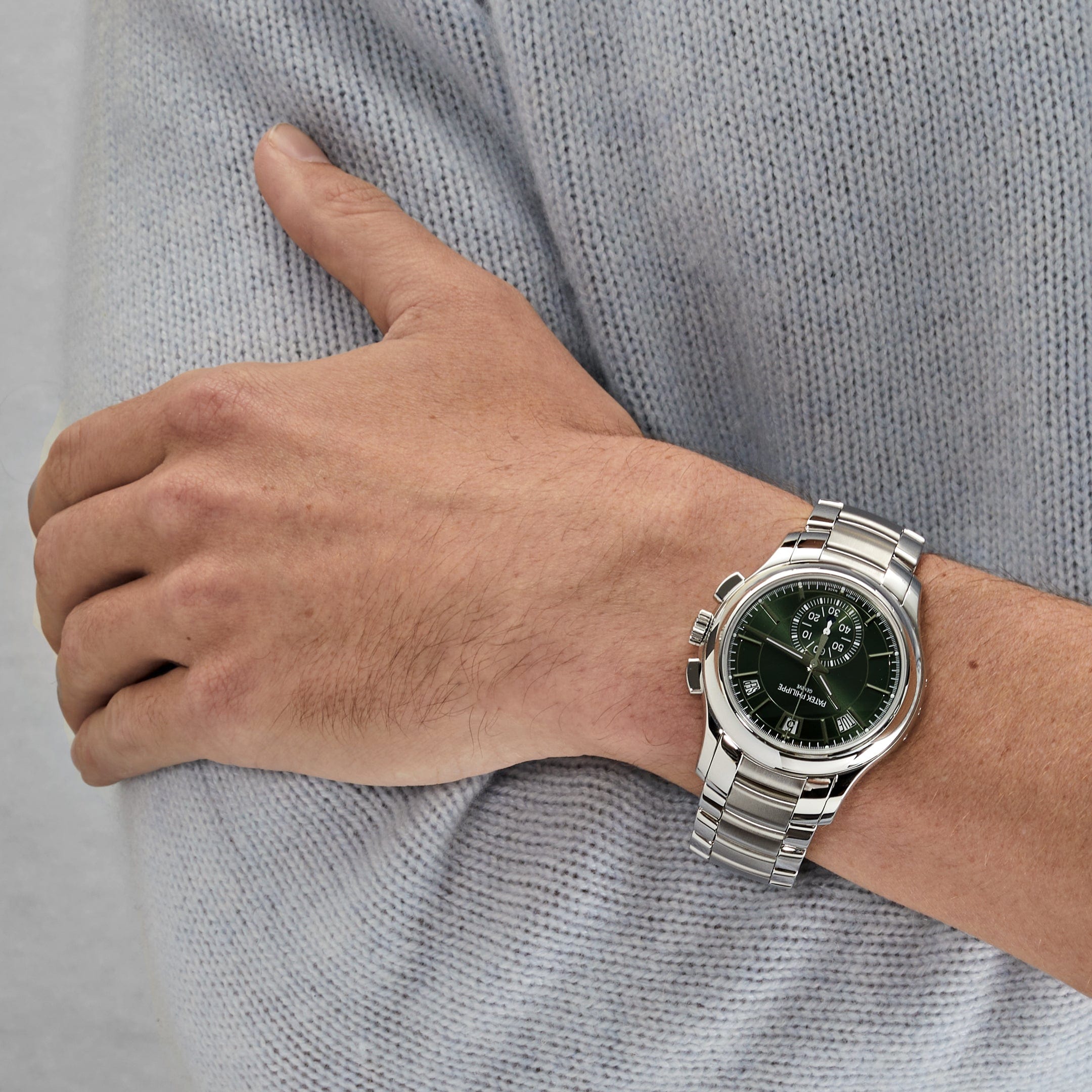 Luxury Watch Patek Philippe Flyback Chronograph Annual Calendar Steel Olive Green Dial 5905/1A-001 Wrist Aficionado