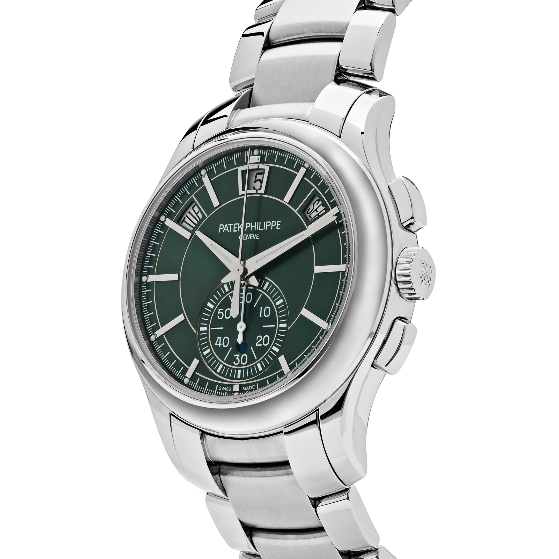Luxury Watch Patek Philippe Flyback Chronograph Annual Calendar Steel Olive Green Dial 5905/1A-001 Wrist Aficionado