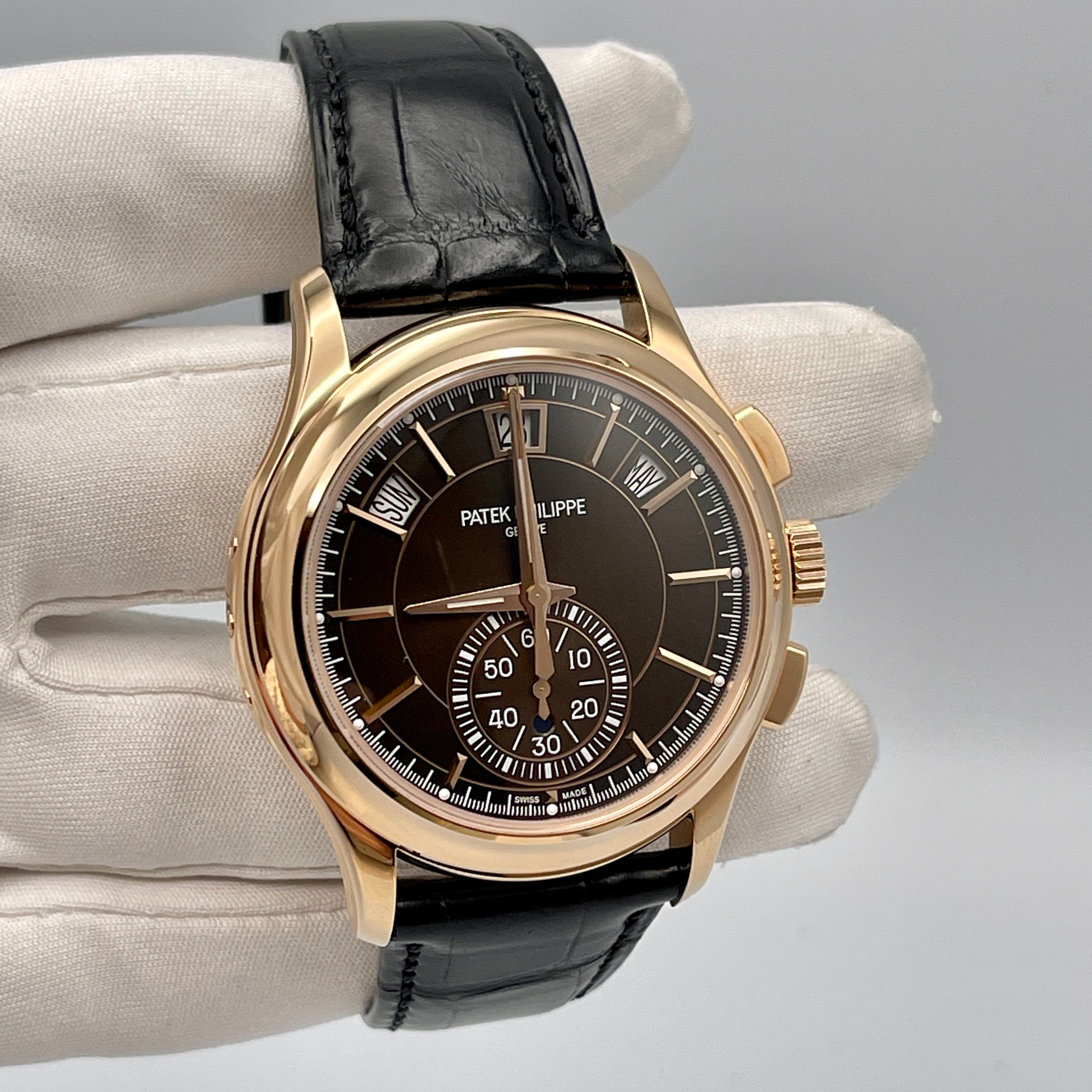 Luxury Watch Patek Philippe Flyback Chronograph Annual Calendar Rose Gold Brown 5905R-001 Wrist Aficionado