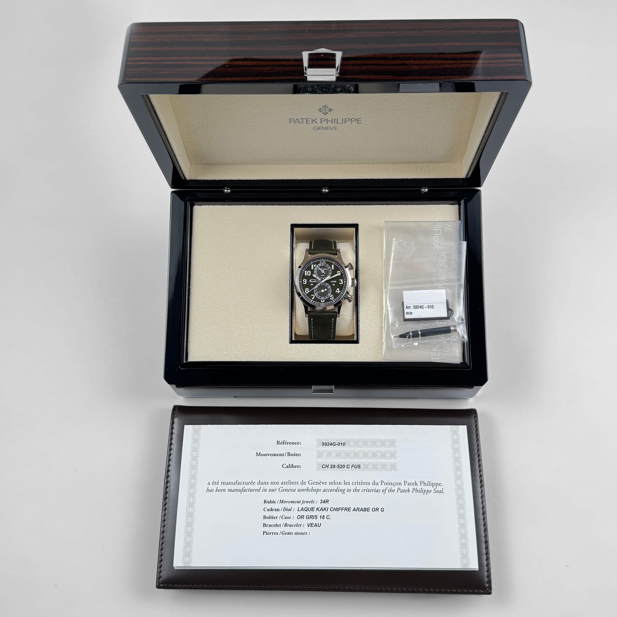 Patek Philippe Complications 5924G-010 Calatrava 'Pilot' Travel Time Chronograph White Gold Green Dial (2023)