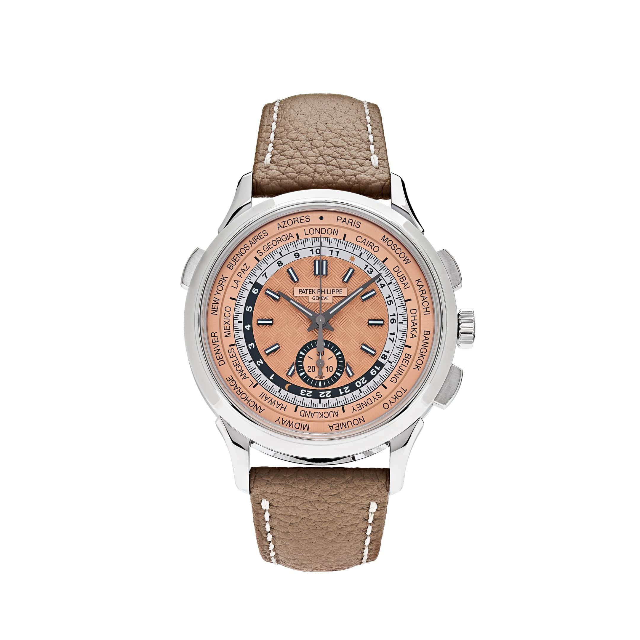 Luxury Watch Patek Philippe World Time Flyback Chronograph Steel Opaline Carbon Motif Dial 5935A-001 Wrist Aficionado