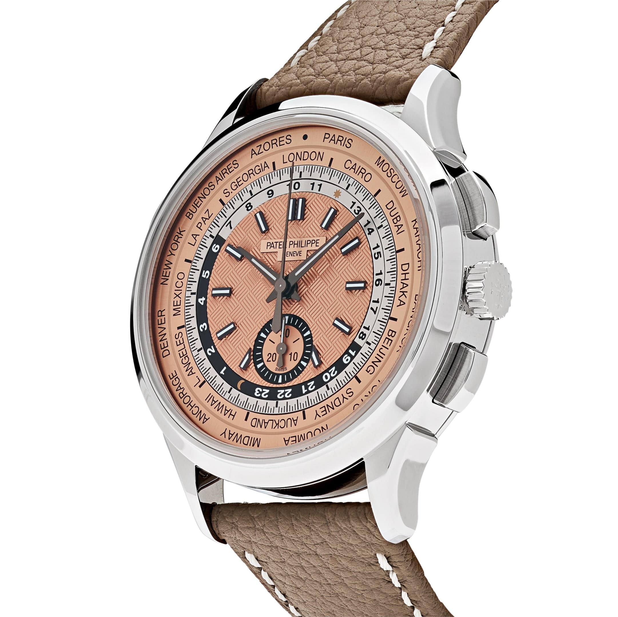 Luxury Watch Patek Philippe World Time Flyback Chronograph Steel Opaline Carbon Motif Dial 5935A-001 Wrist Aficionado