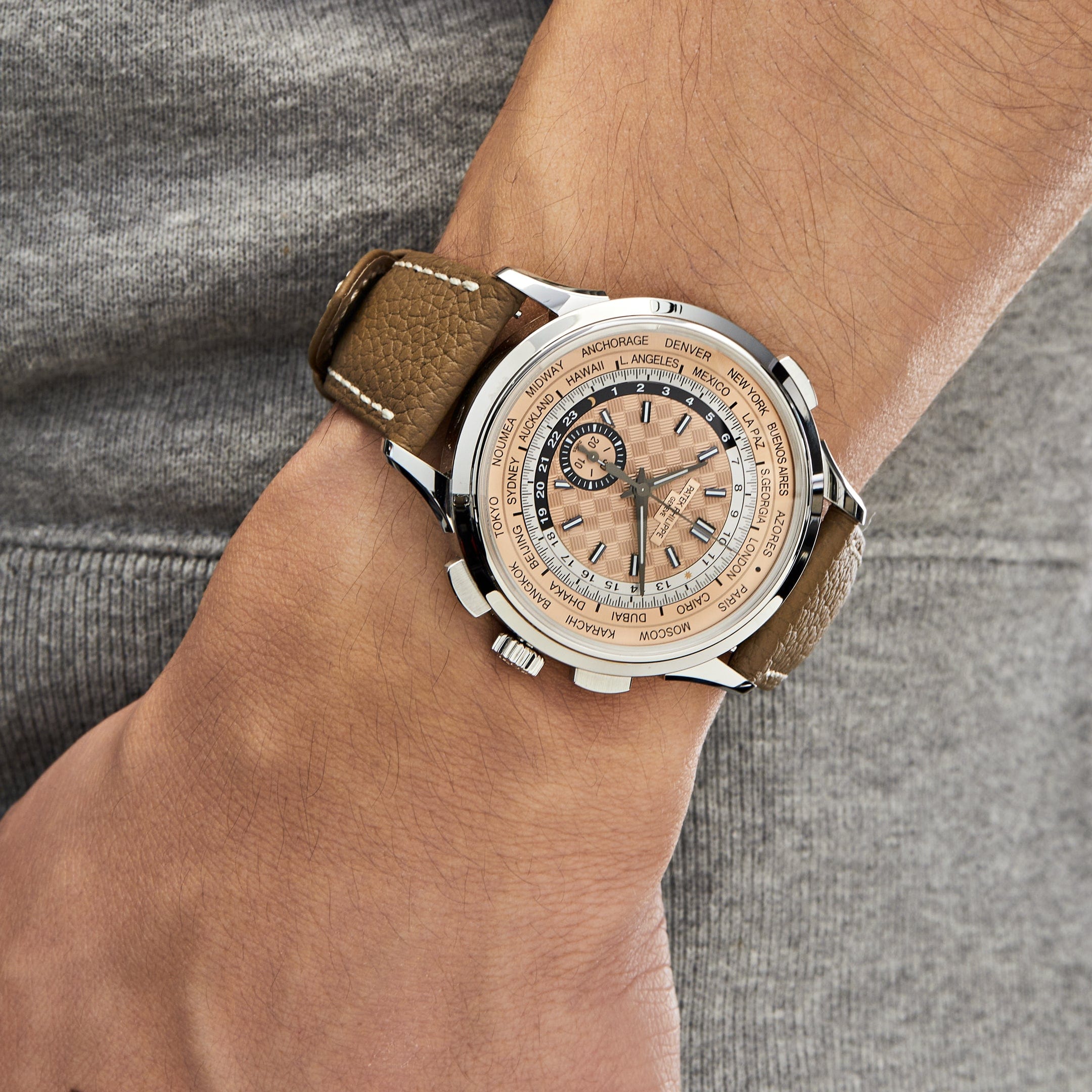 Luxury Watch Patek Philippe World Time Flyback Chronograph Steel Opaline Carbon Motif Dial 5935A-001 Wrist Aficionado