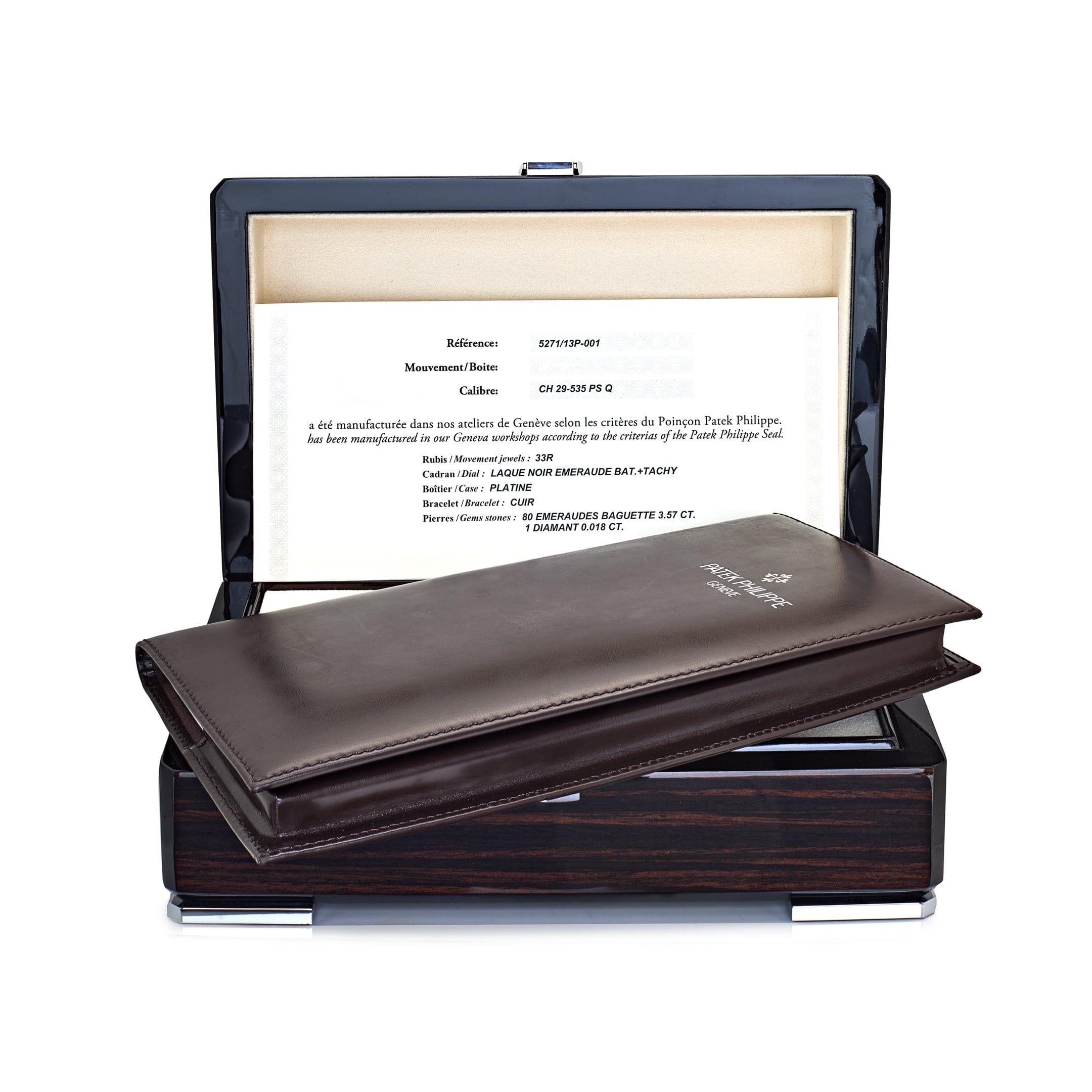 Patek Philippe Grand Complications 5271/13P-001 Perpetual Calendar Moon Phases Platinum Emerald Bezel Black Dial