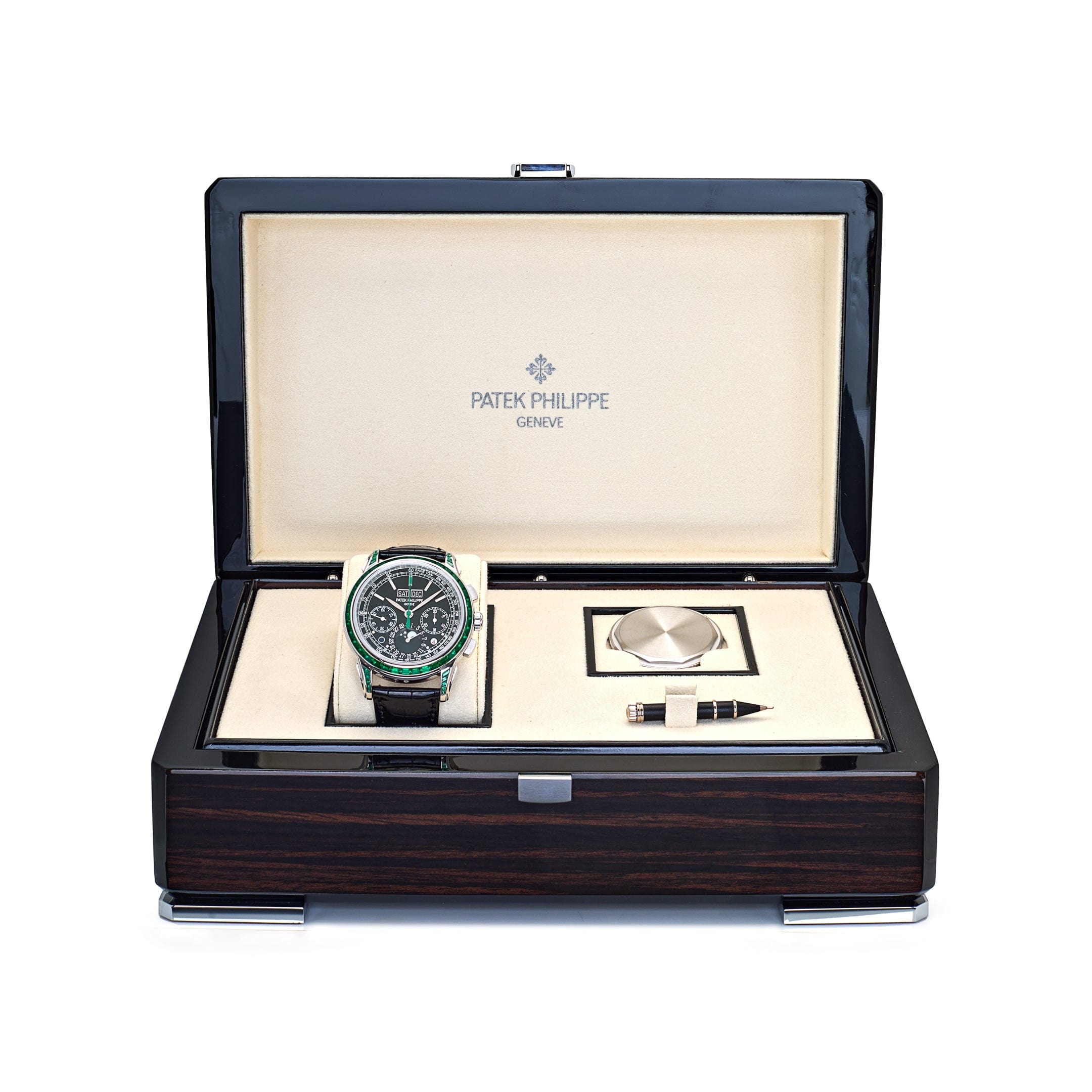 Patek Philippe Grand Complications 5271/13P-001 Perpetual Calendar Moon Phases Platinum Emerald Bezel Black Dial