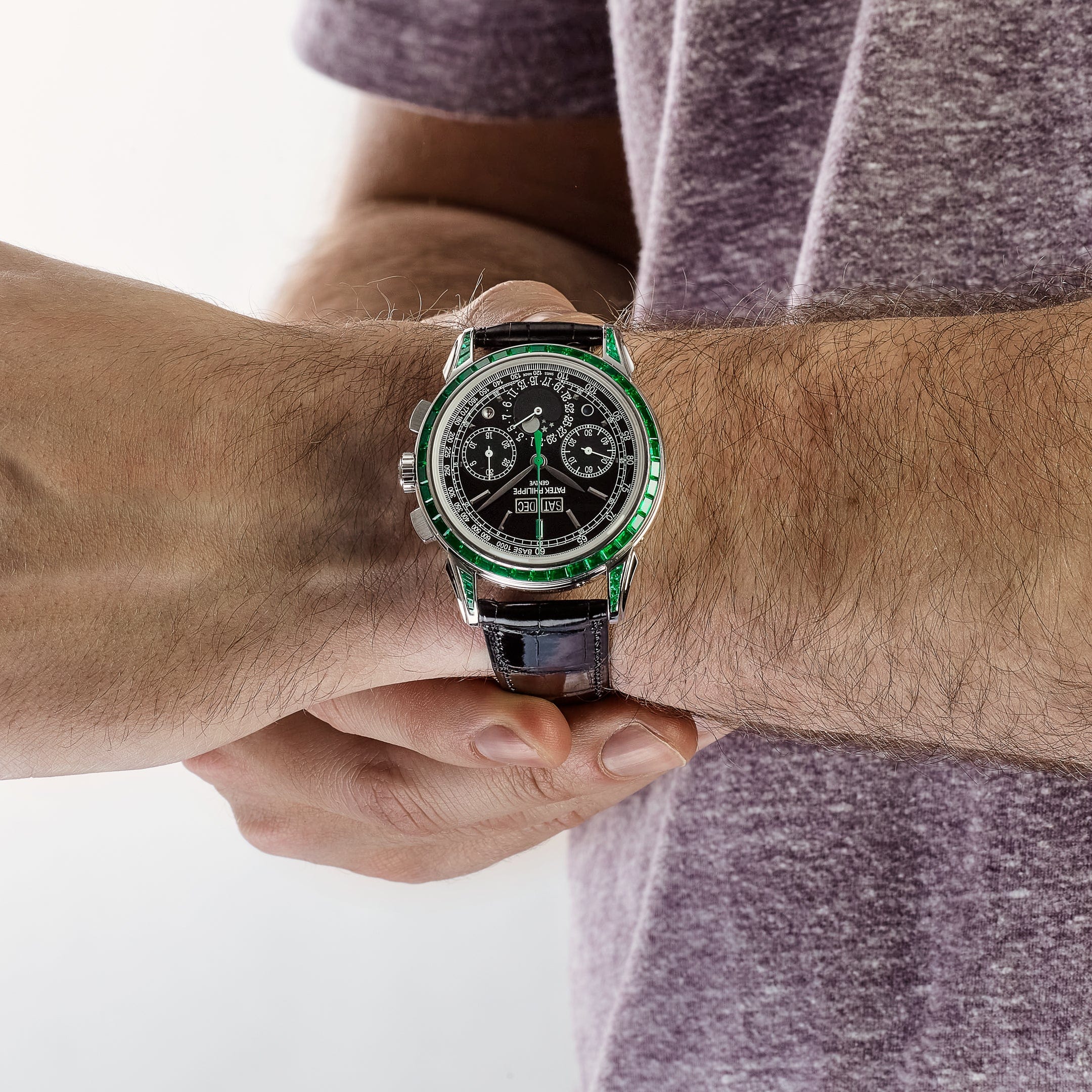 Patek Philippe Grand Complications 5271/13P-001 Perpetual Calendar Moon Phases Platinum Emerald Bezel Black Dial