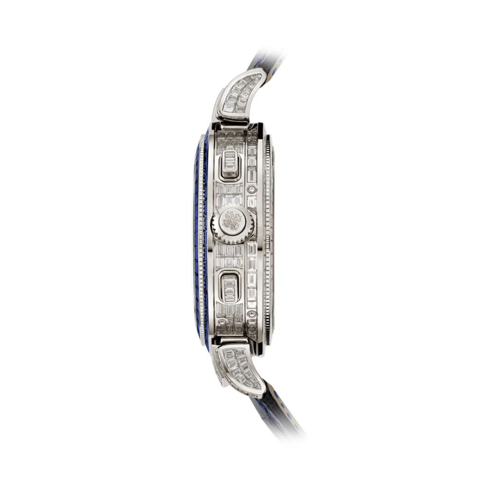 Patek Philippe Grand Complication White Gold Haute Joaillerie Baguette Blue Sapphires Double-faced 6300/401G-001 Wrist Aficionado