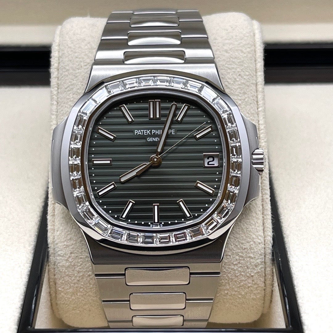 Luxury Watch Patek Philippe Nautilus Steel Olive Green Dial Baguette Diamond Bezel 5711/1300A Wrist Aficionado