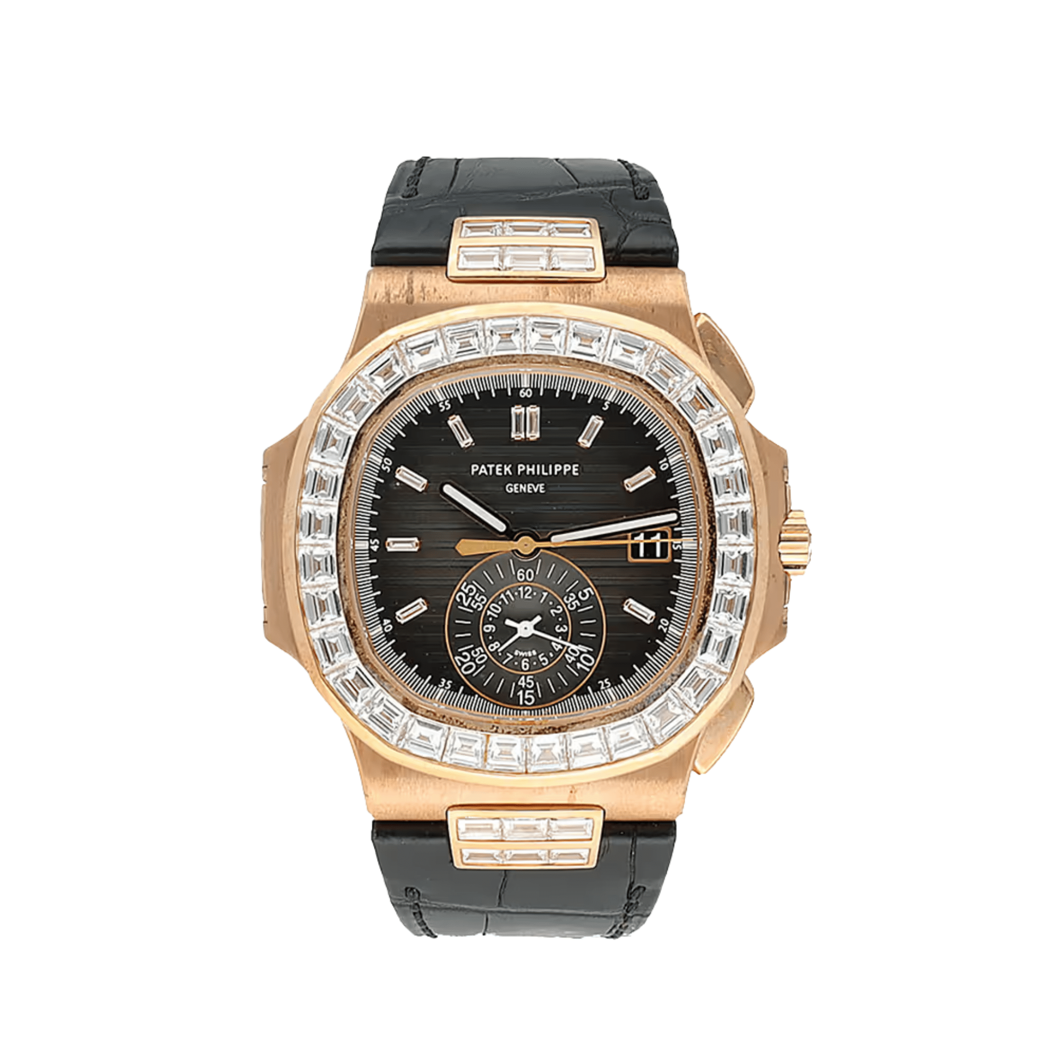 Patek Philippe Nautilus 5980R-010 Flyback Chronograph Date Rose Gold Black Dial Diamond Bezel