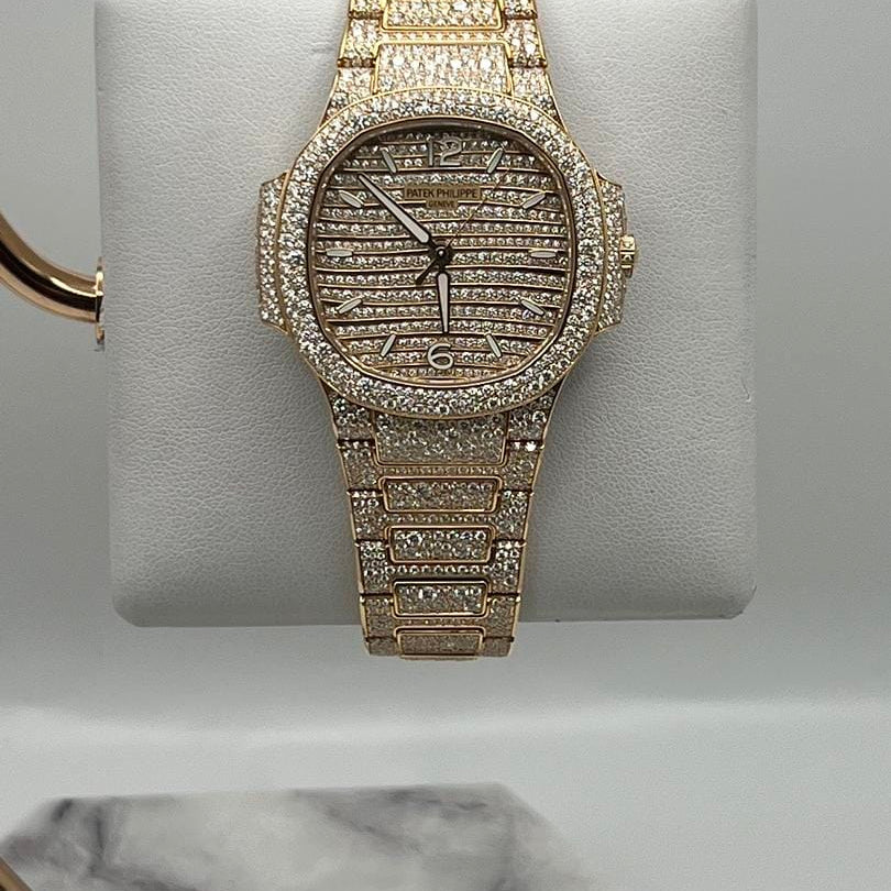 Luxury Watch Patek Philippe Nautilus Rose Gold Iced Out Diamond Set 7118/1450R-001 Wrist Aficionado