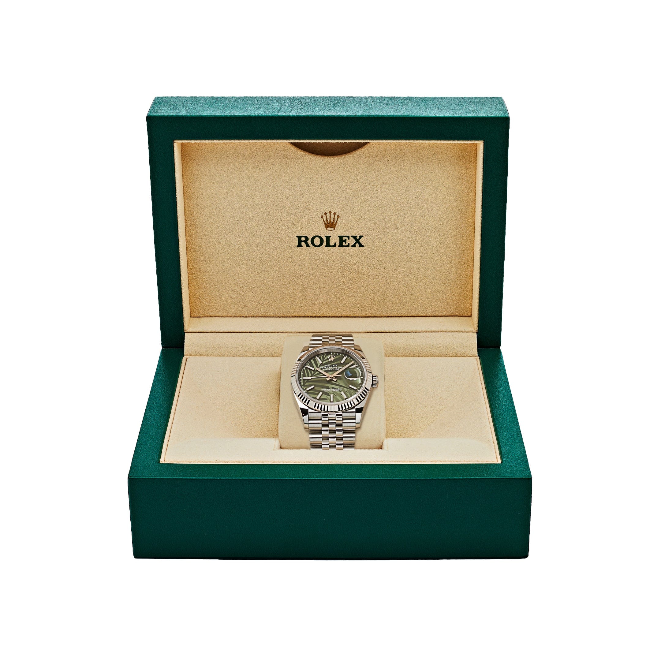 Rolex Datejust 126234 White Gold Stainless Steel Olive Green Palm Motif Dial