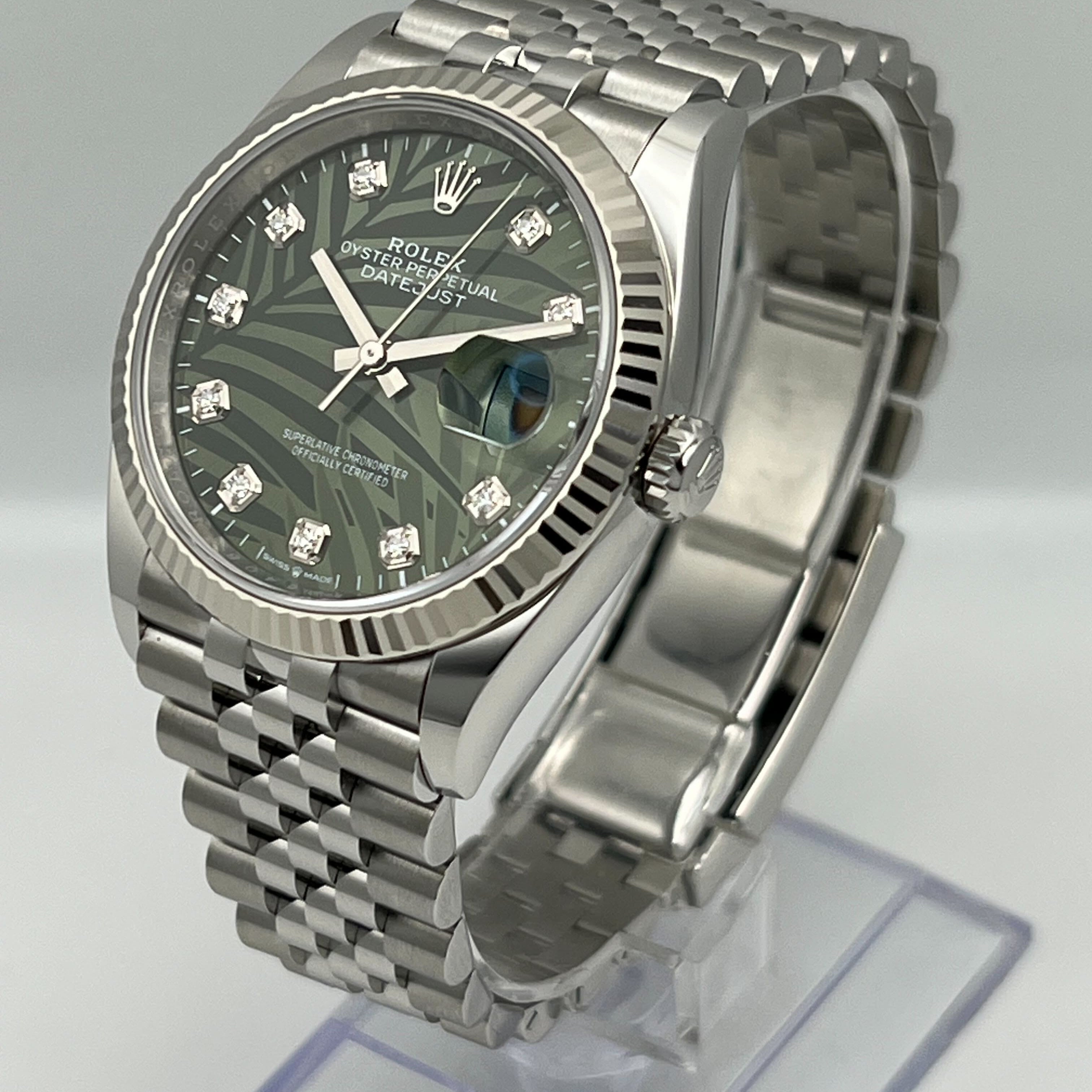 Rolex Datejust 126234 White Gold Stainless Steel Palm Motif Diamond Dial Jubilee