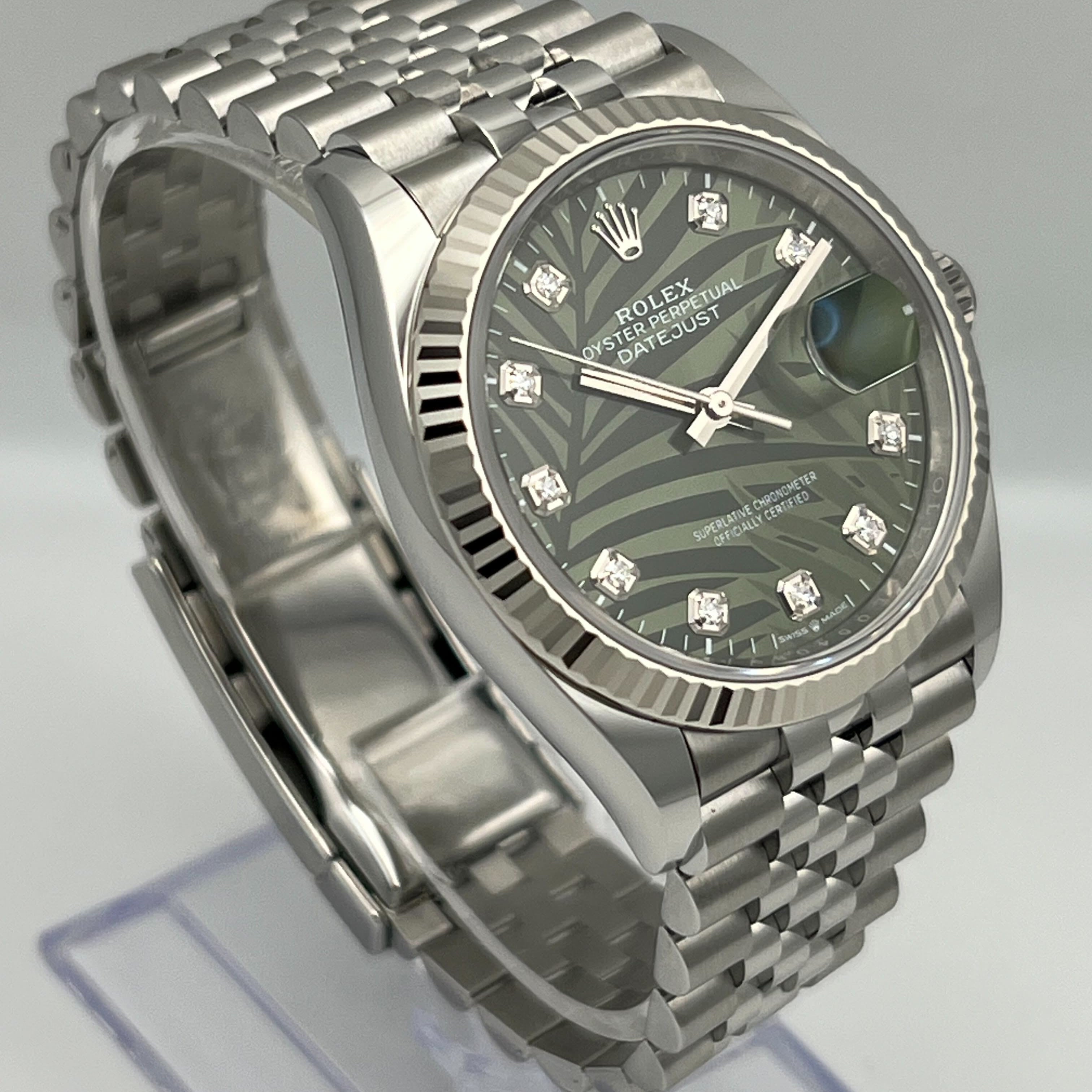 Rolex Datejust 126234 White Gold Stainless Steel Palm Motif Diamond Dial Jubilee