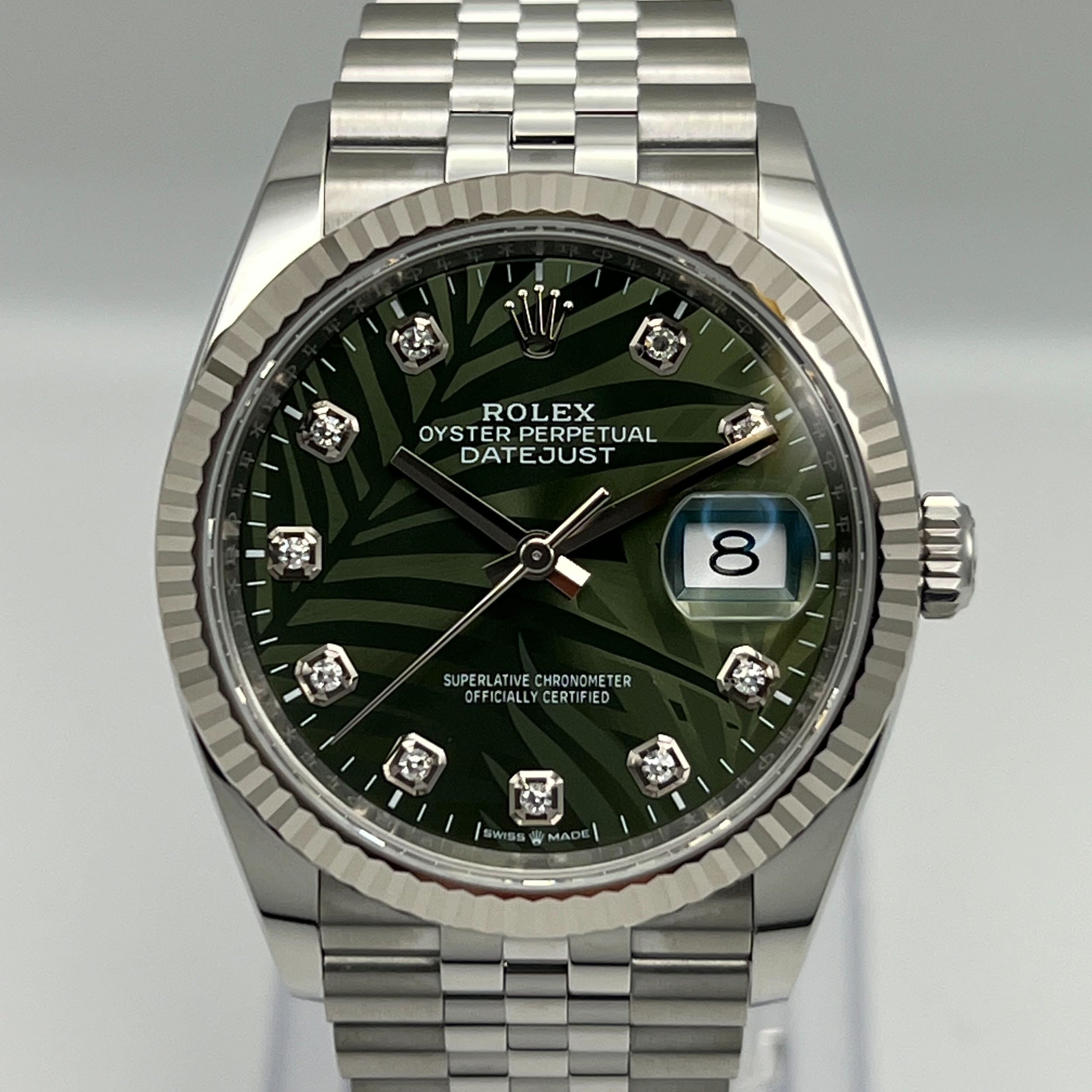 Rolex Datejust 126234 White Gold Stainless Steel Palm Motif Diamond Dial Jubilee